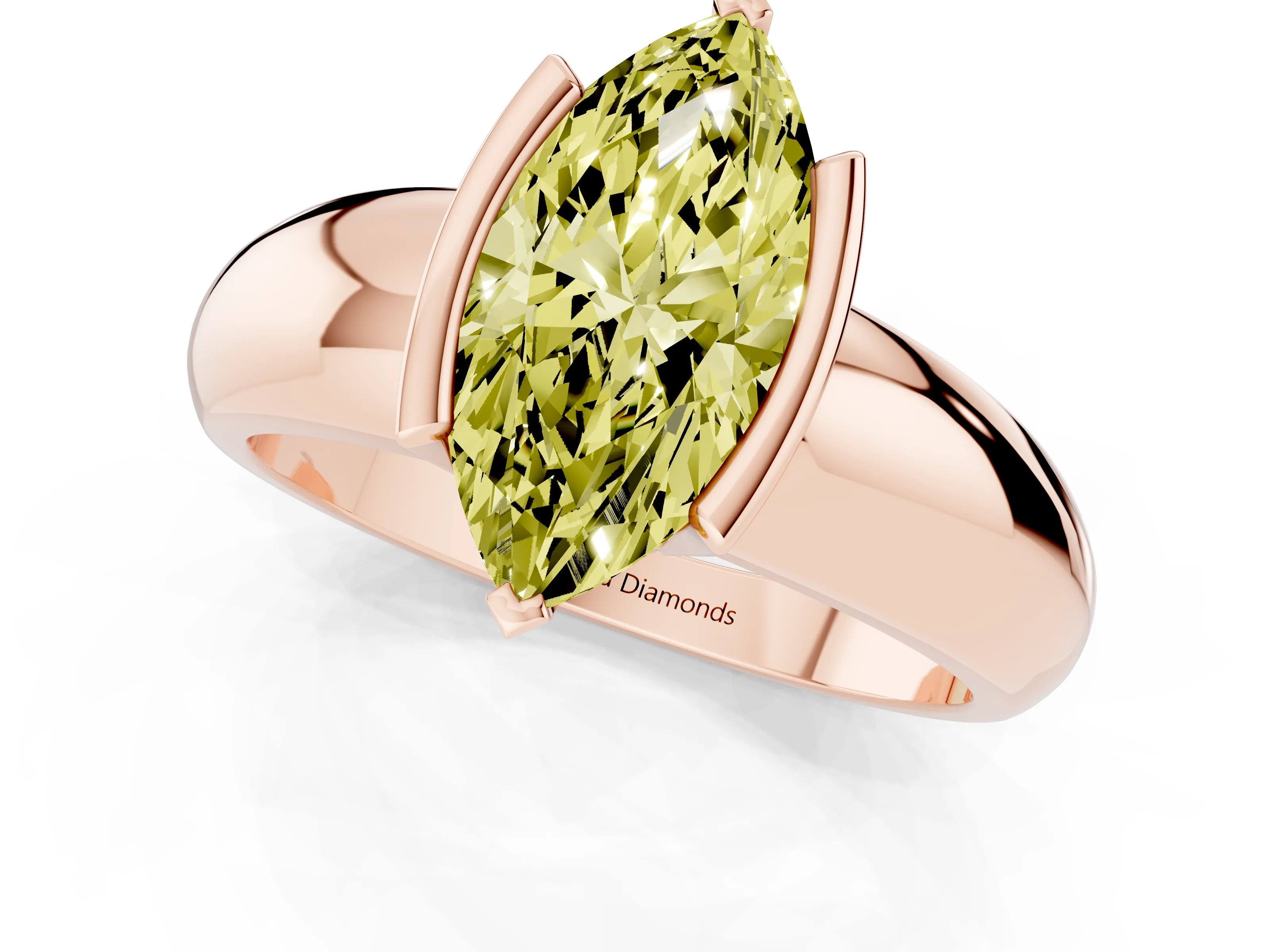 Fancy Yellow Marquise Cut Diamond Solitaire Tension Set Ring Set in Rose gold with Wide Band