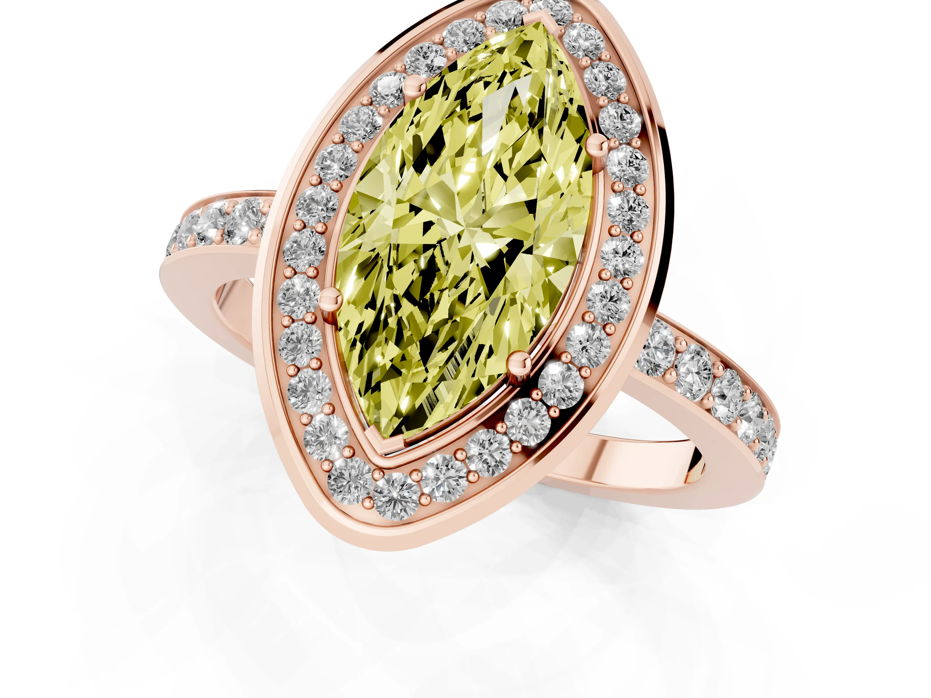 Fancy Yellow Marquise Cut Diamond Halo Ring Set in Rose gold with Bezel Frame and Pavé Band