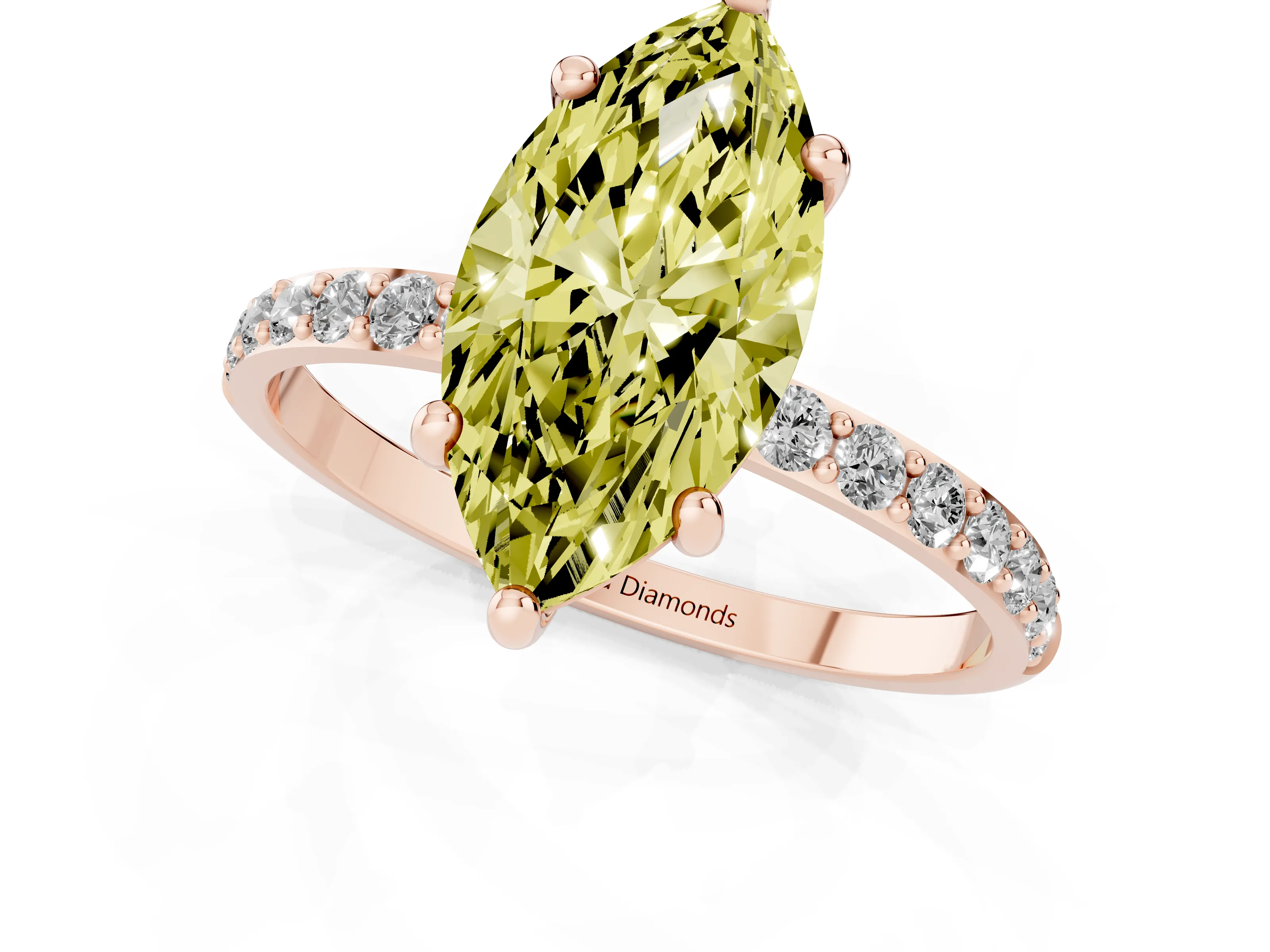 Fancy Yellow Marquise Cut Diamond Solitaire Ring Set in Rose gold with Round Pavé Band and Prong Setting