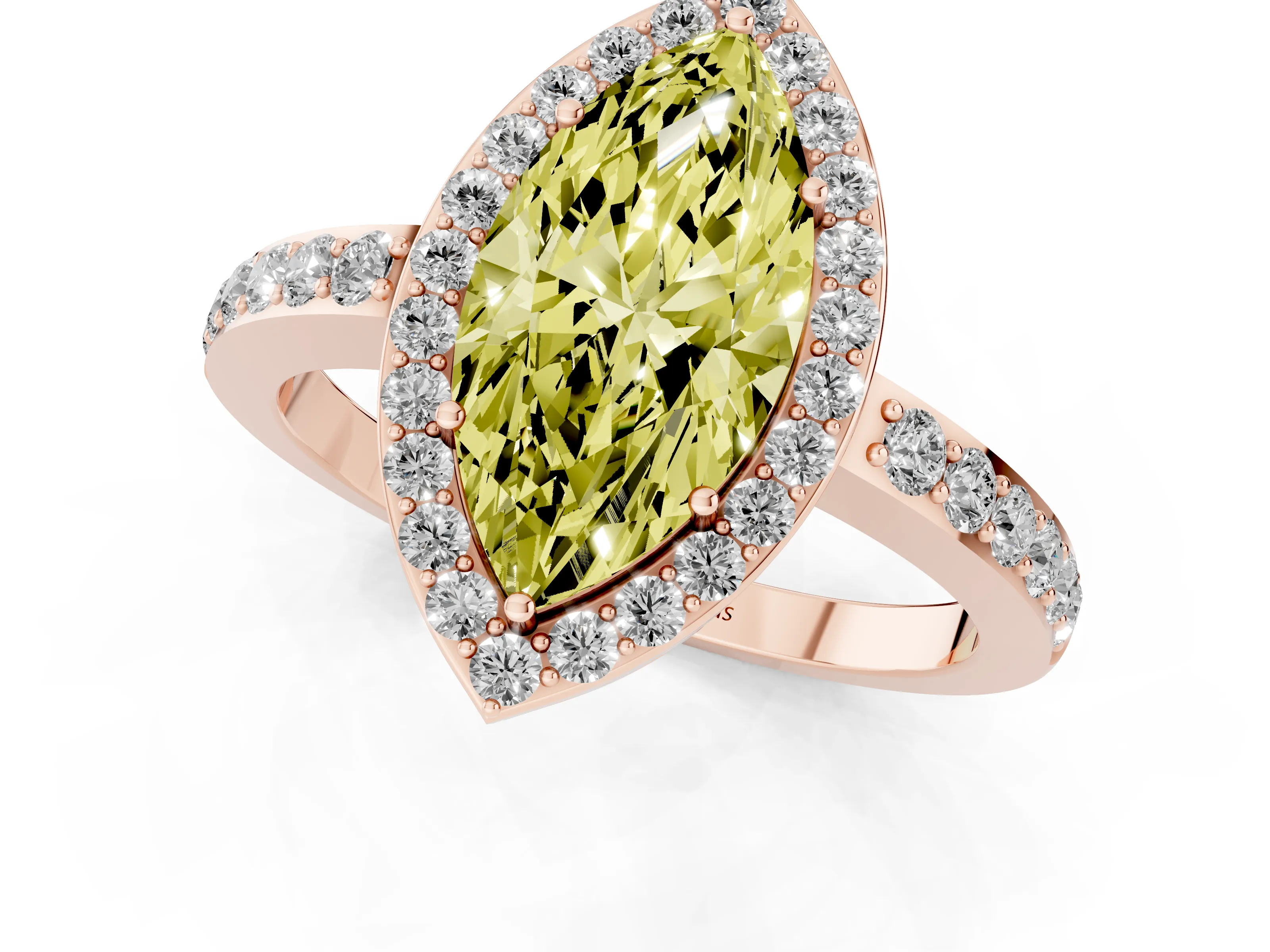 Fancy Yellow Marquise Cut Diamond Halo Ring Set in Rose gold with Pavé-Setting Band and Open Prong Center