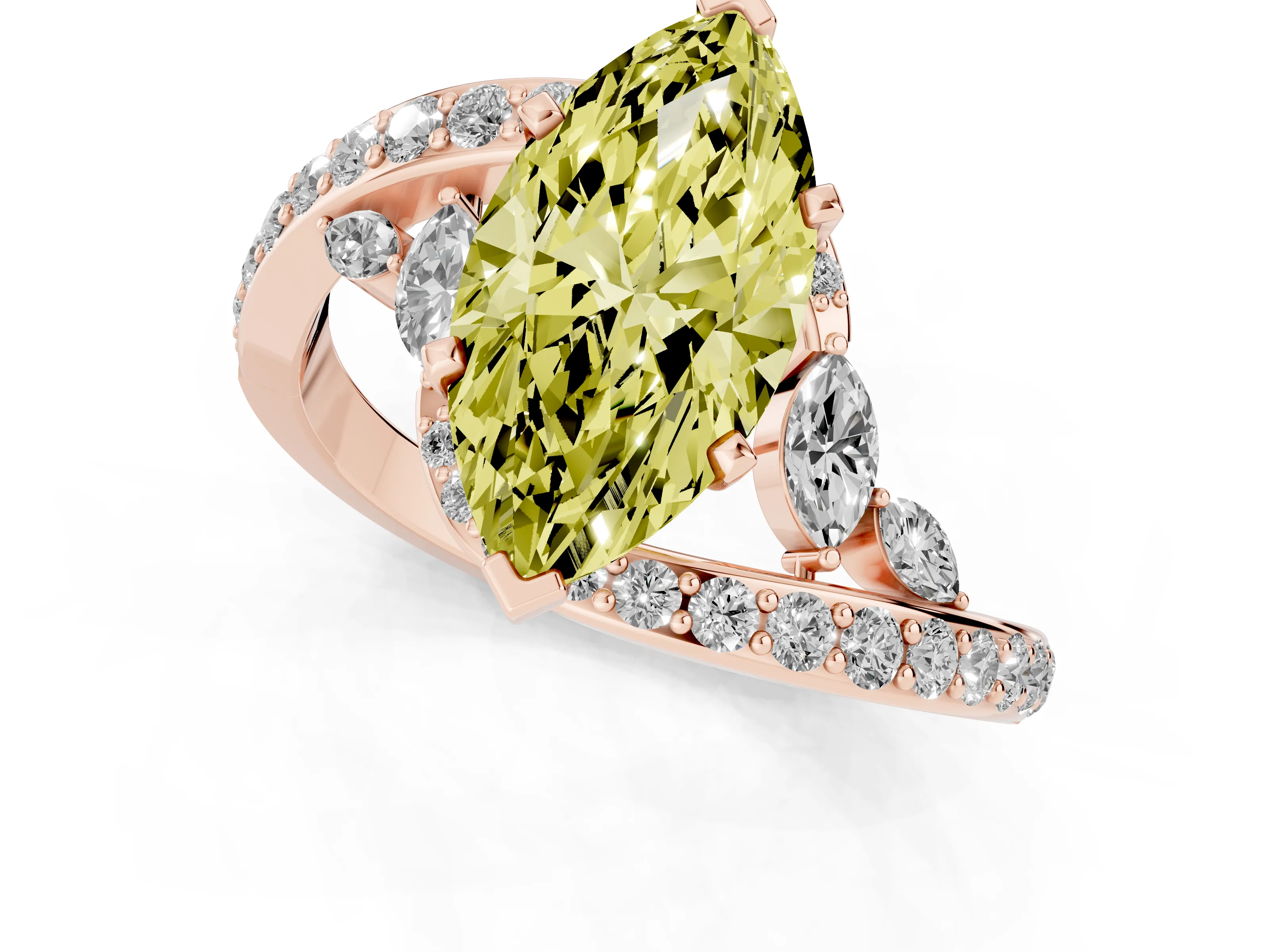 Fancy Yellow Marquise Cut Diamond Solitaire Ring Set in Rose gold with Pavé Twist Band and Secure Prong Setting
