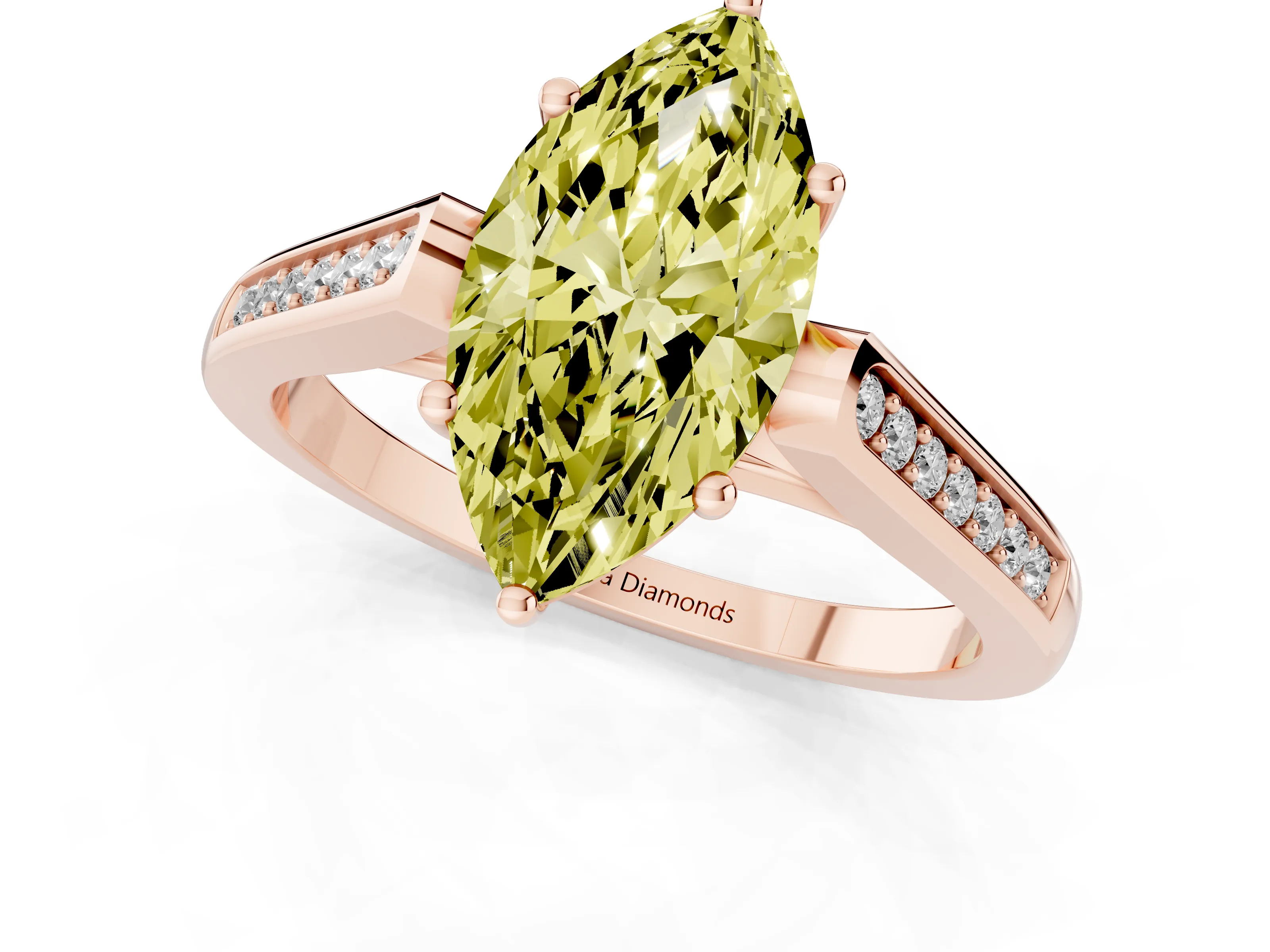 Fancy Yellow Marquise Cut Diamond Solitaire Cathedral Engagement Ring Set in Rose gold with Channel-Set Band and Prong Setting