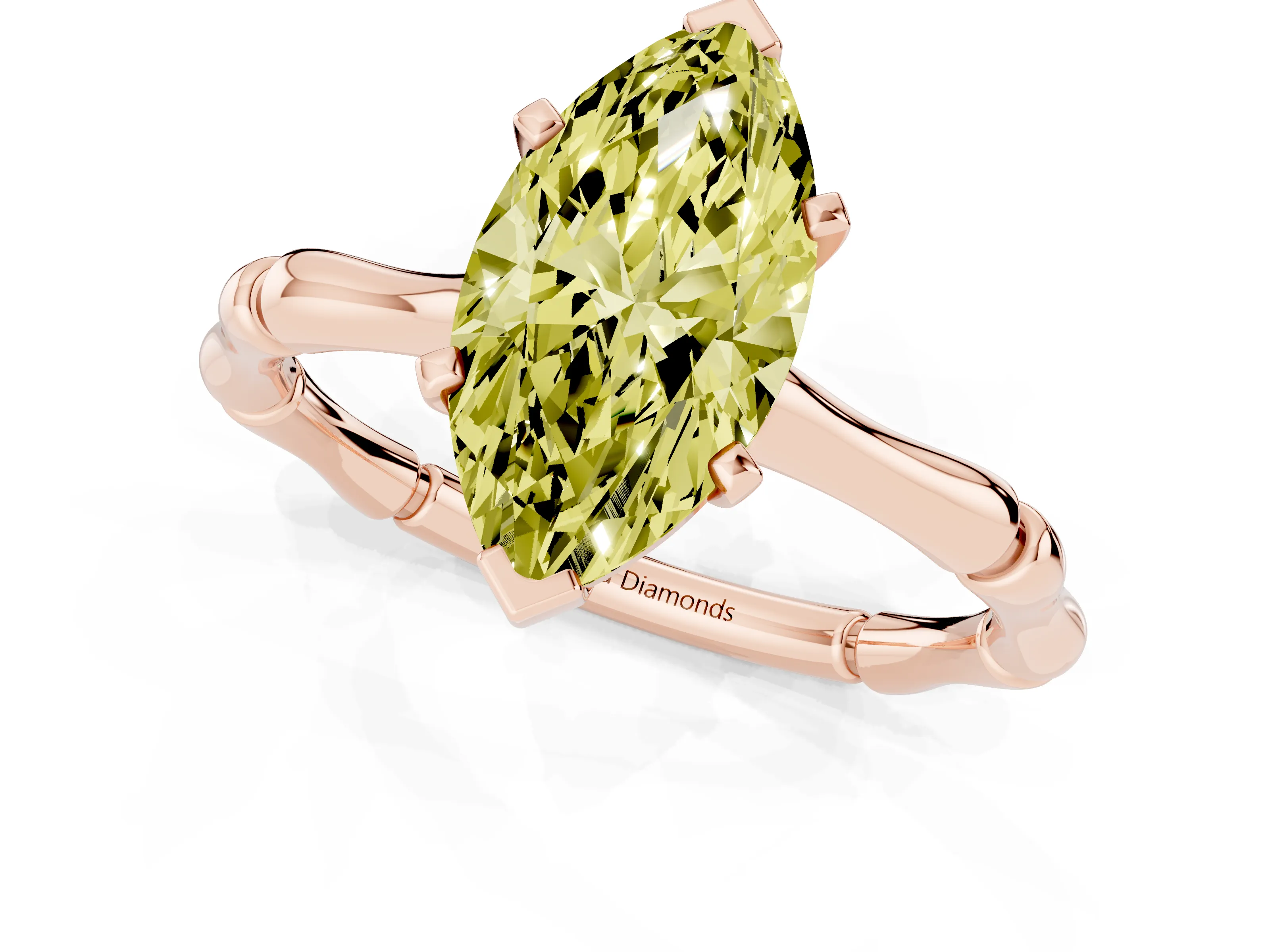 Fancy Yellow Marquise Cut Diamond Solitaire Ring Set in Rose gold with Bamboo Band and Prong Setting