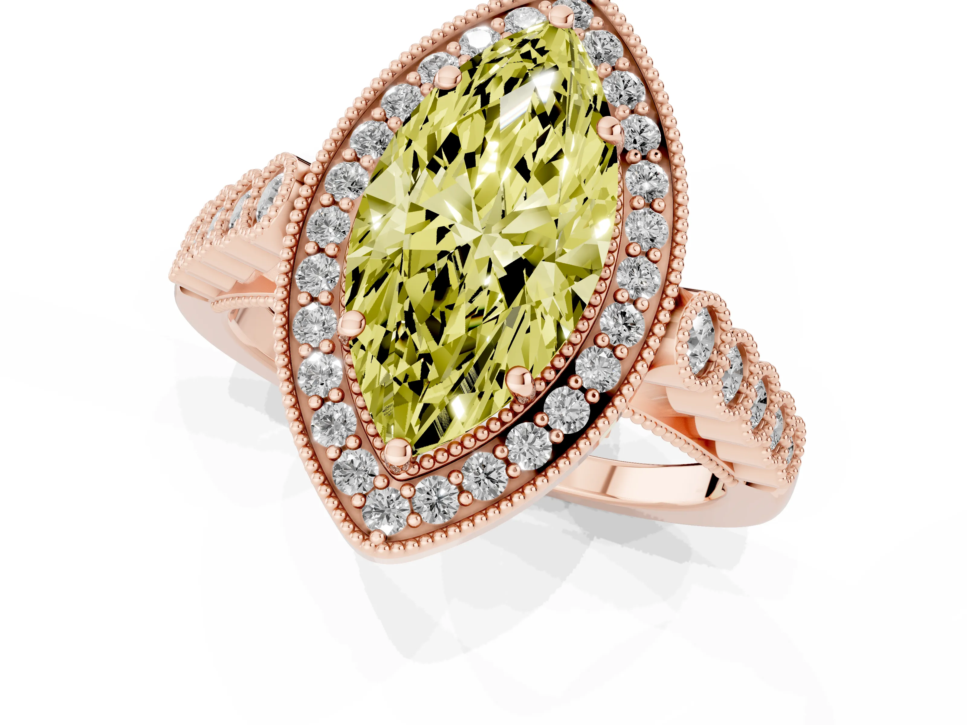 Fancy Yellow Marquise Cut Diamond Milgrain Halo Solitaire Ring Set in Rose gold with Bezel Set Side Stones and Pavé Band