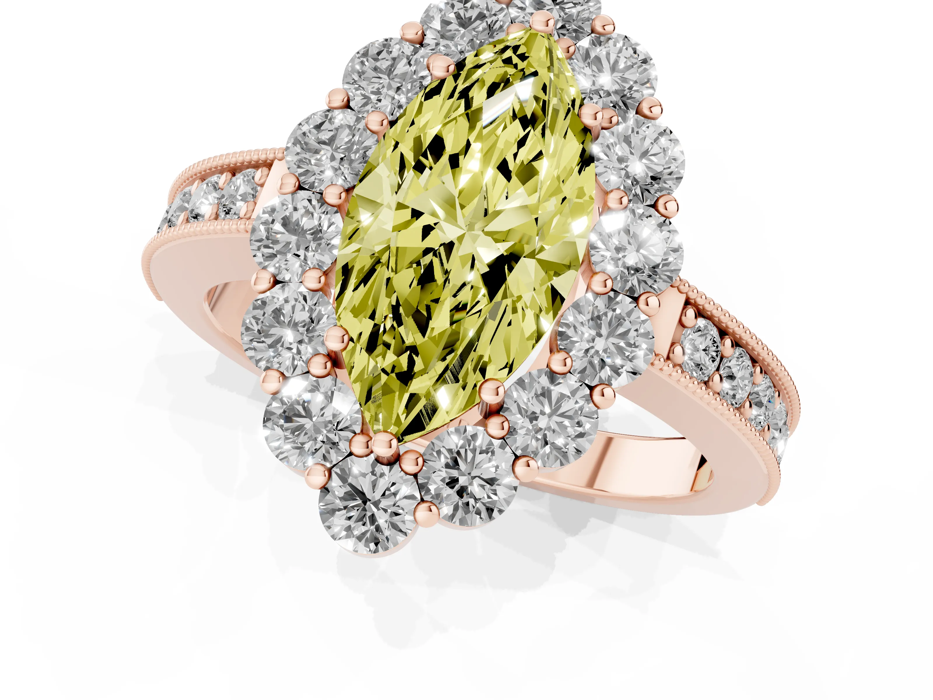 Fancy Yellow Marquise Cut Diamond Halo Pavé Engagement Ring Set in Rose gold with Milgrain Detailing