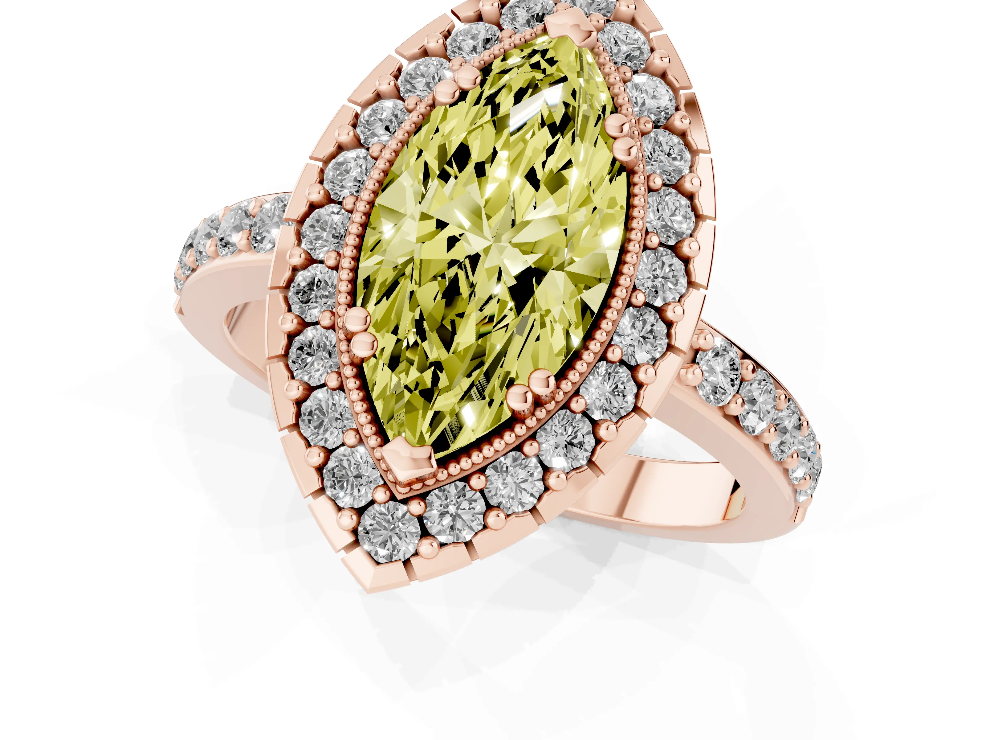 Fancy Yellow Marquise Cut Diamond Halo Ring Set in Rose gold with Pavé Shank and Prong Setting