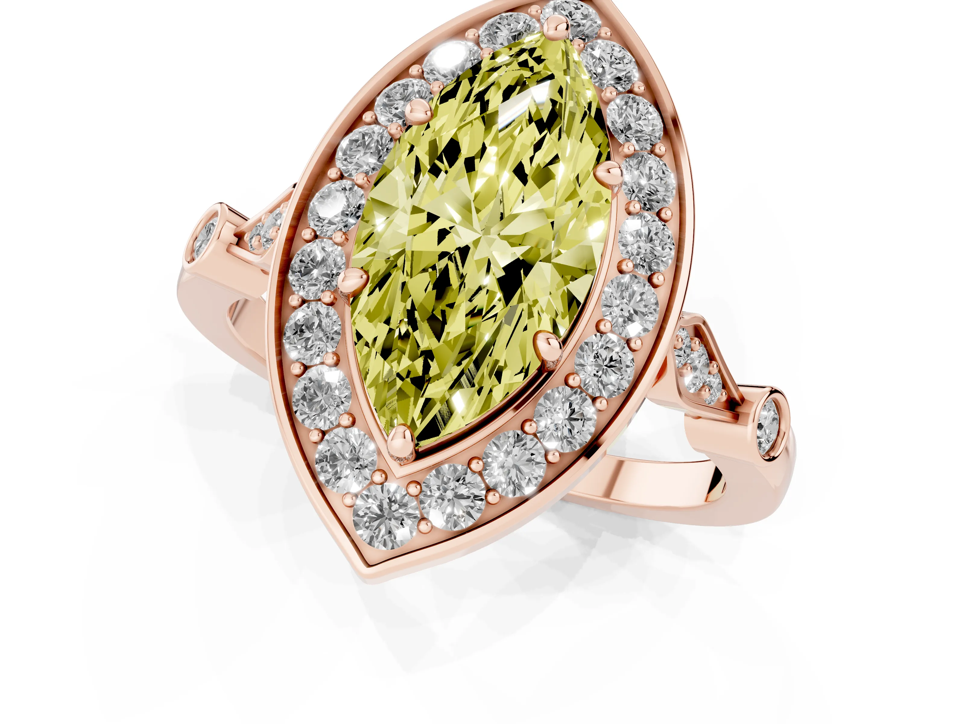 Fancy Yellow Marquise Cut Diamond Halo Engagement Ring Set in Rose gold with Twisted Band and Prong Setting