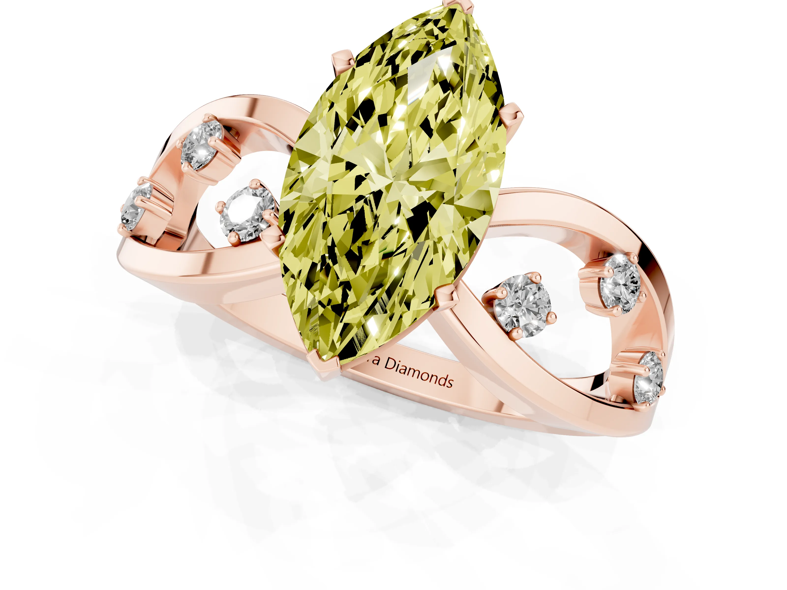 Fancy Yellow Marquise Cut Diamond Solitaire Ring Set in Rose gold with Side Stones on Criss-Cross Band and Prong Setting