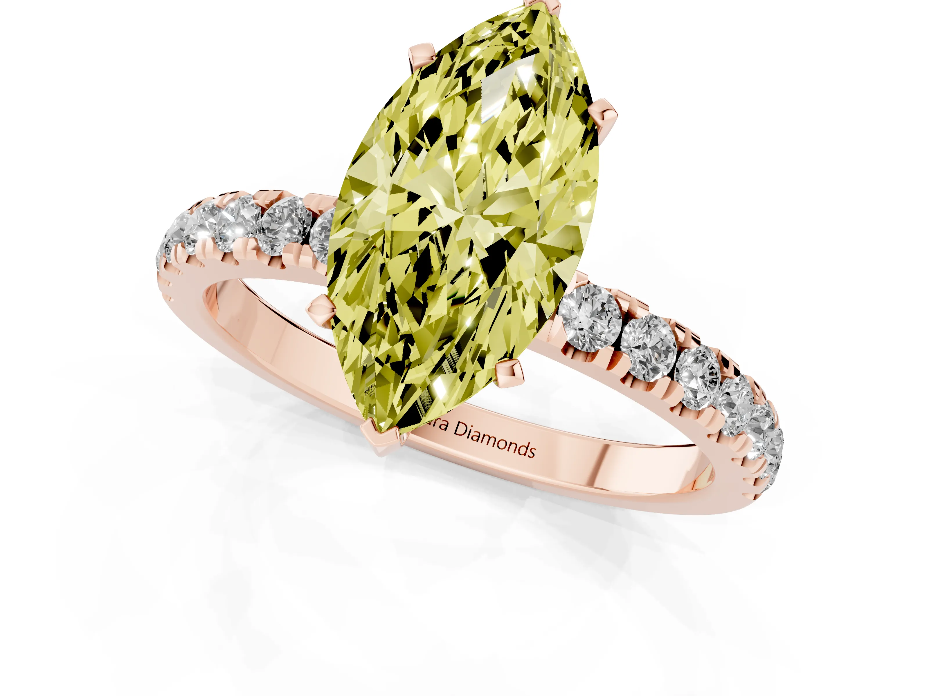 Fancy Yellow Marquise Cut Diamond Solitaire Ring Set in Rose gold with Pavé Accents and Prong Setting