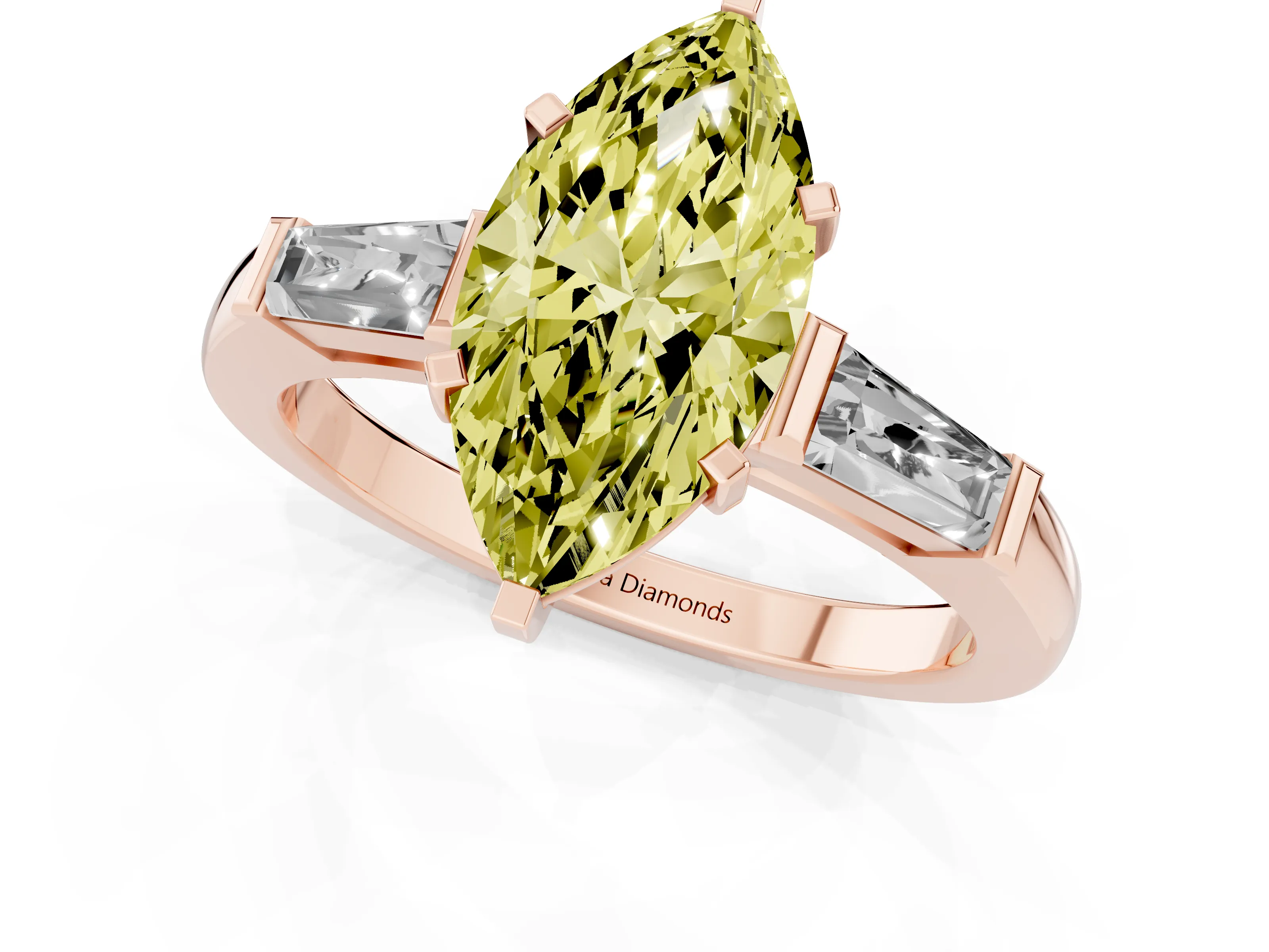 Fancy Yellow Marquise Cut Diamond Solitaire Ring Set in Rose gold with Tapered Baguette Side Stones and Prong Setting