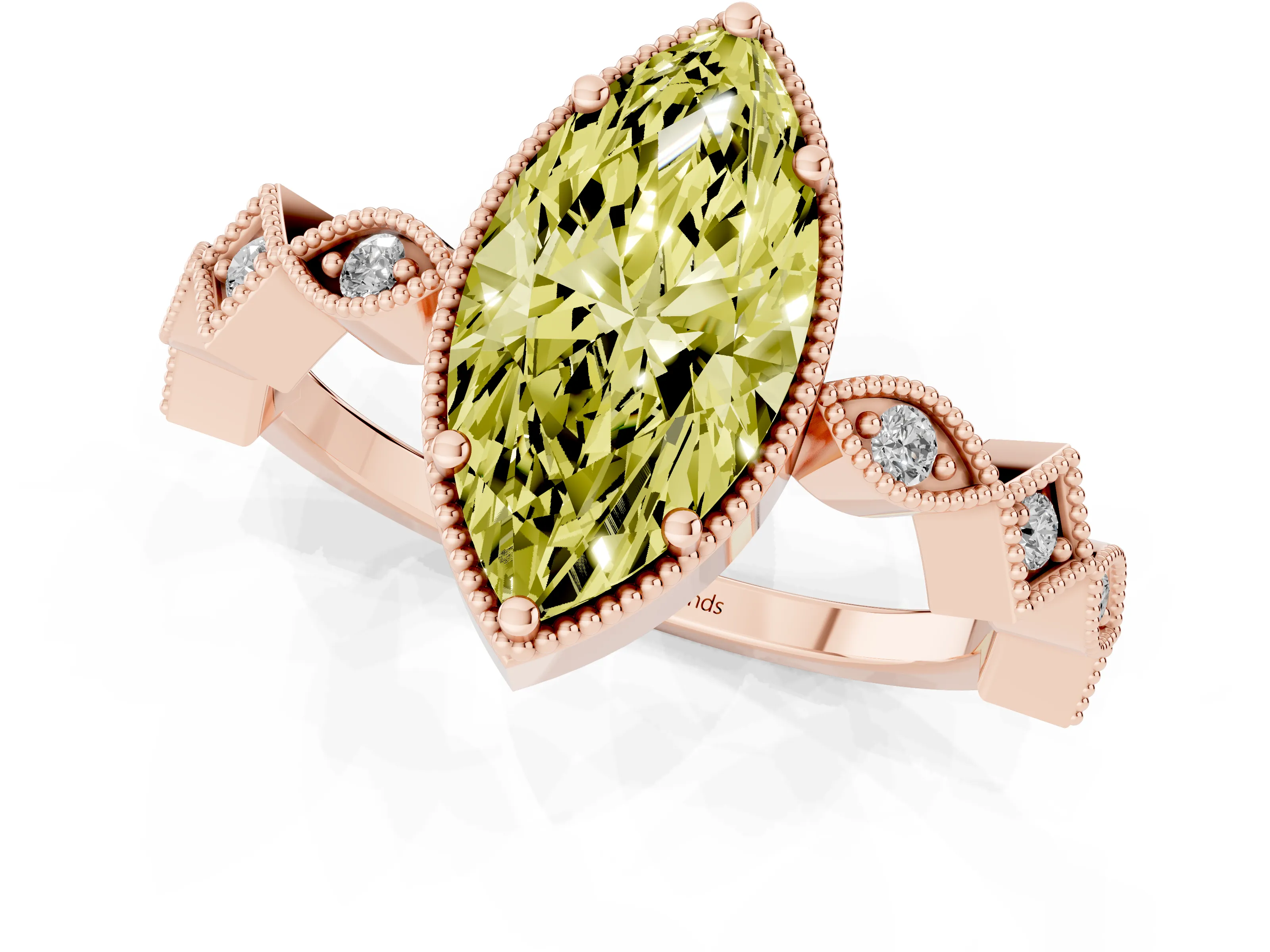 Fancy Yellow Marquise Cut Diamond Milgrain Marquise Twist Band Ring Set in Rose gold with Prong Setting