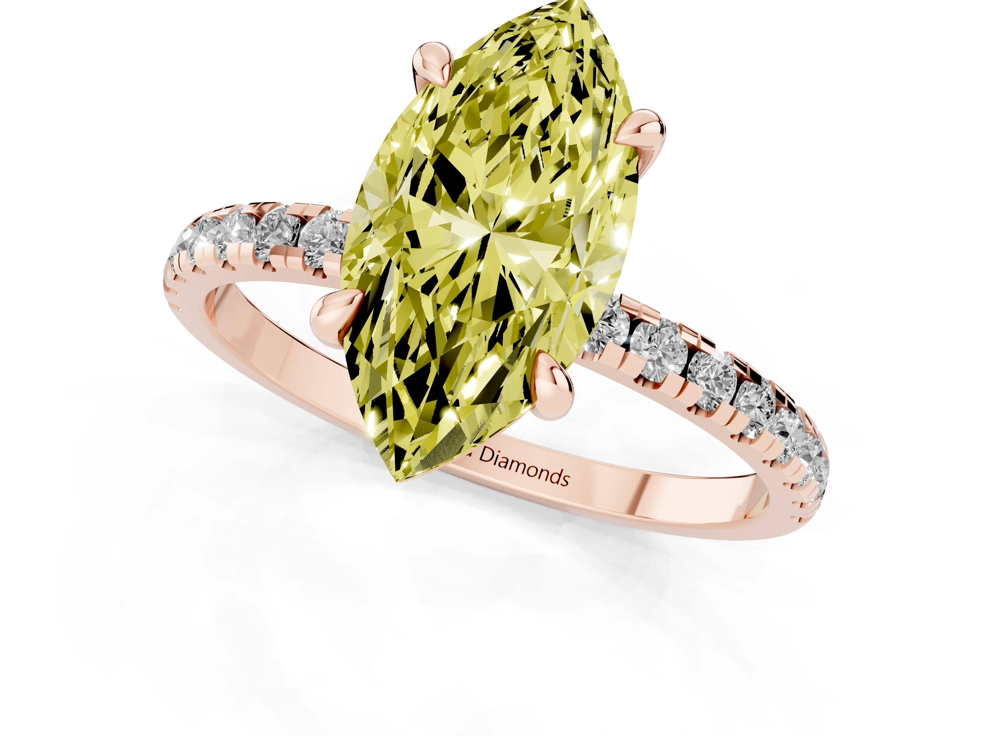 Fancy Yellow Marquise Cut Diamond Brilliant Solitaire Ring Set in Rose gold with Pavé Band and Prong Setting