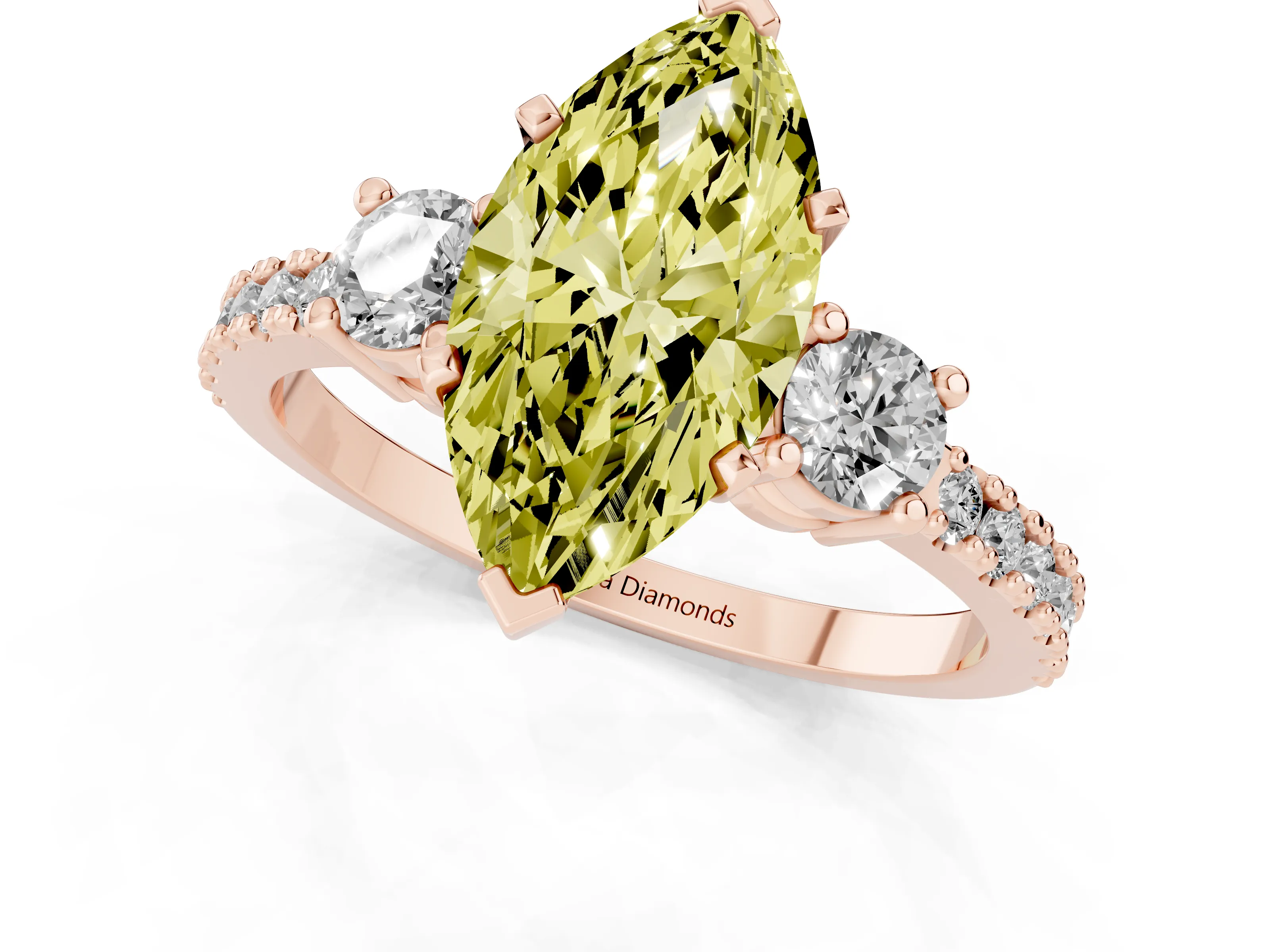 Fancy Yellow Three-Stone Marquise Cut Diamond Pavé Band Ring Set in Rose gold with Prong Setting