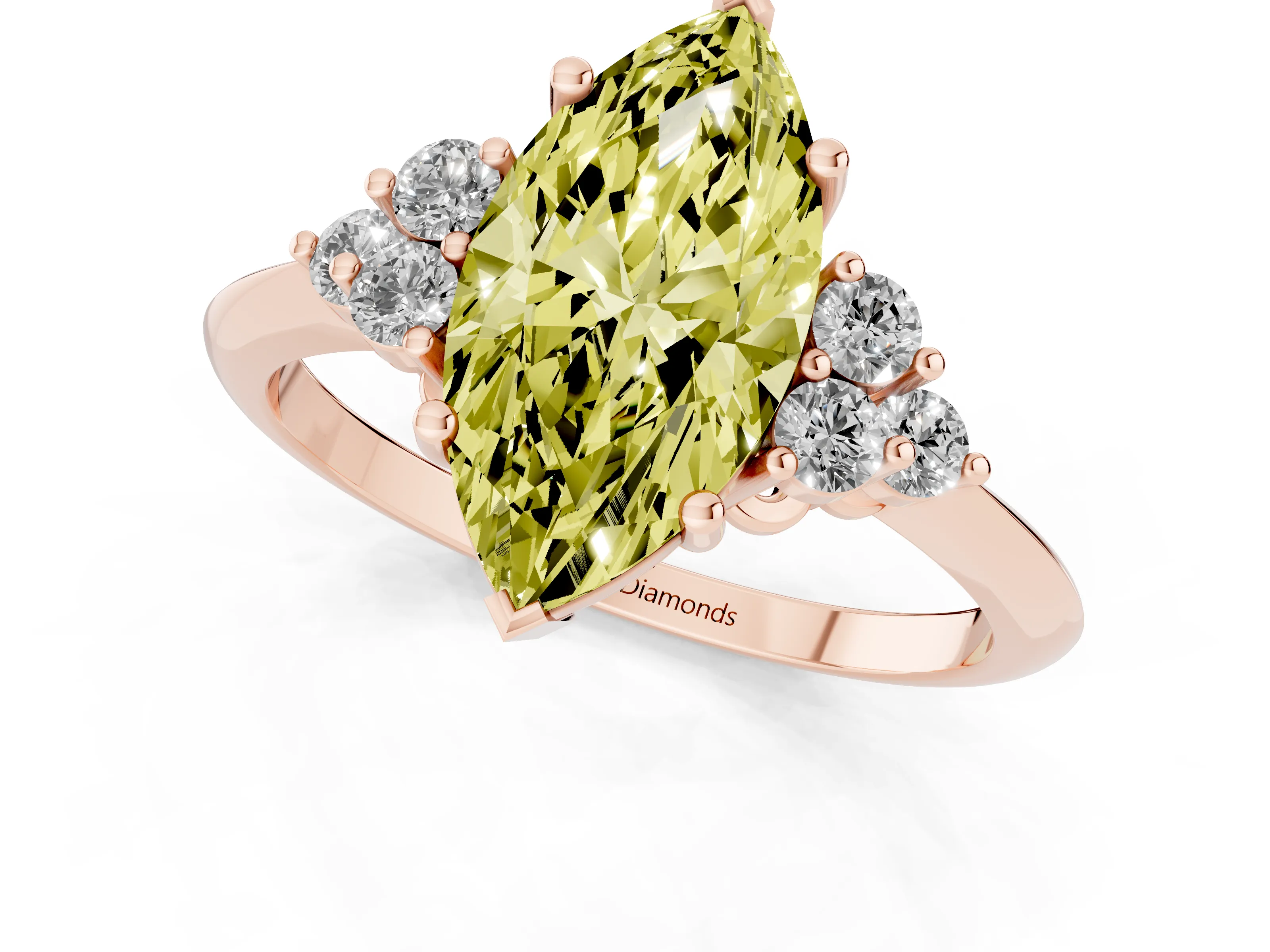Fancy Yellow Marquise Cut Diamond Cluster Ring Set in Rose gold with Plain Band and Prong Setting