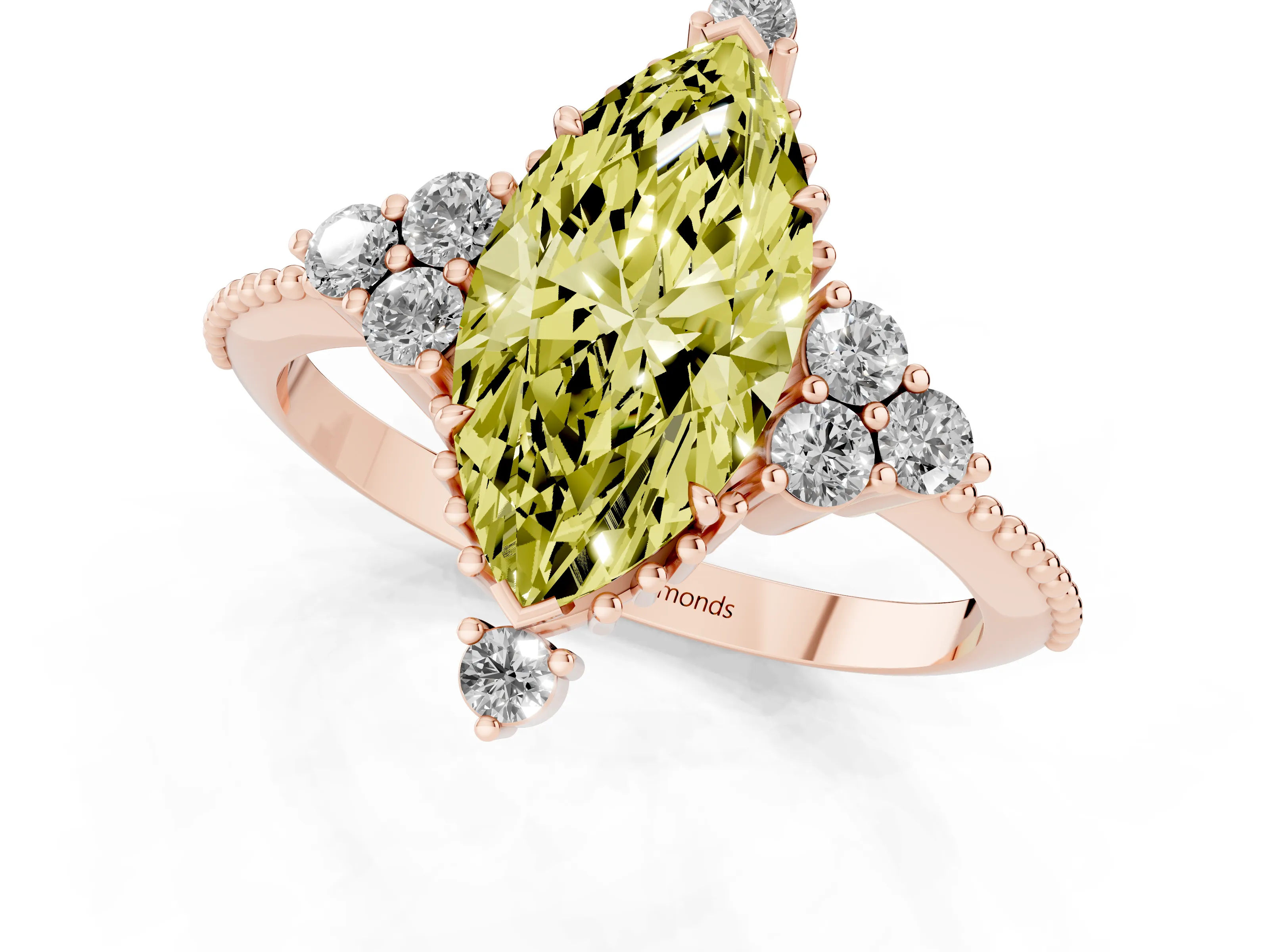 Fancy Yellow Marquise Cut Diamond Cluster Ring Set in Rose gold with Beaded Band