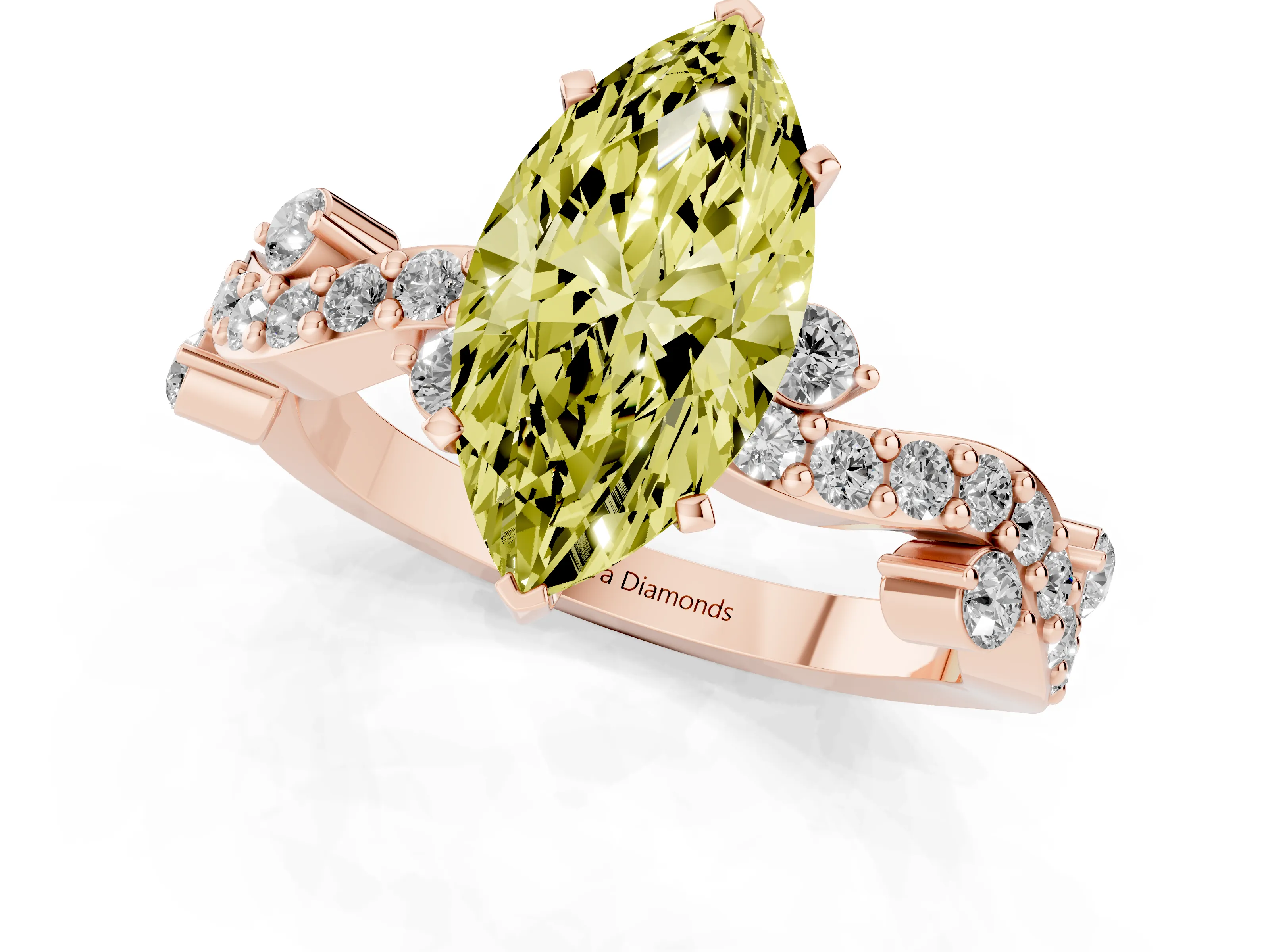 Fancy Yellow Marquise Cut Diamond Solitaire Twisted Band Set in Rose gold with Pavé Setting