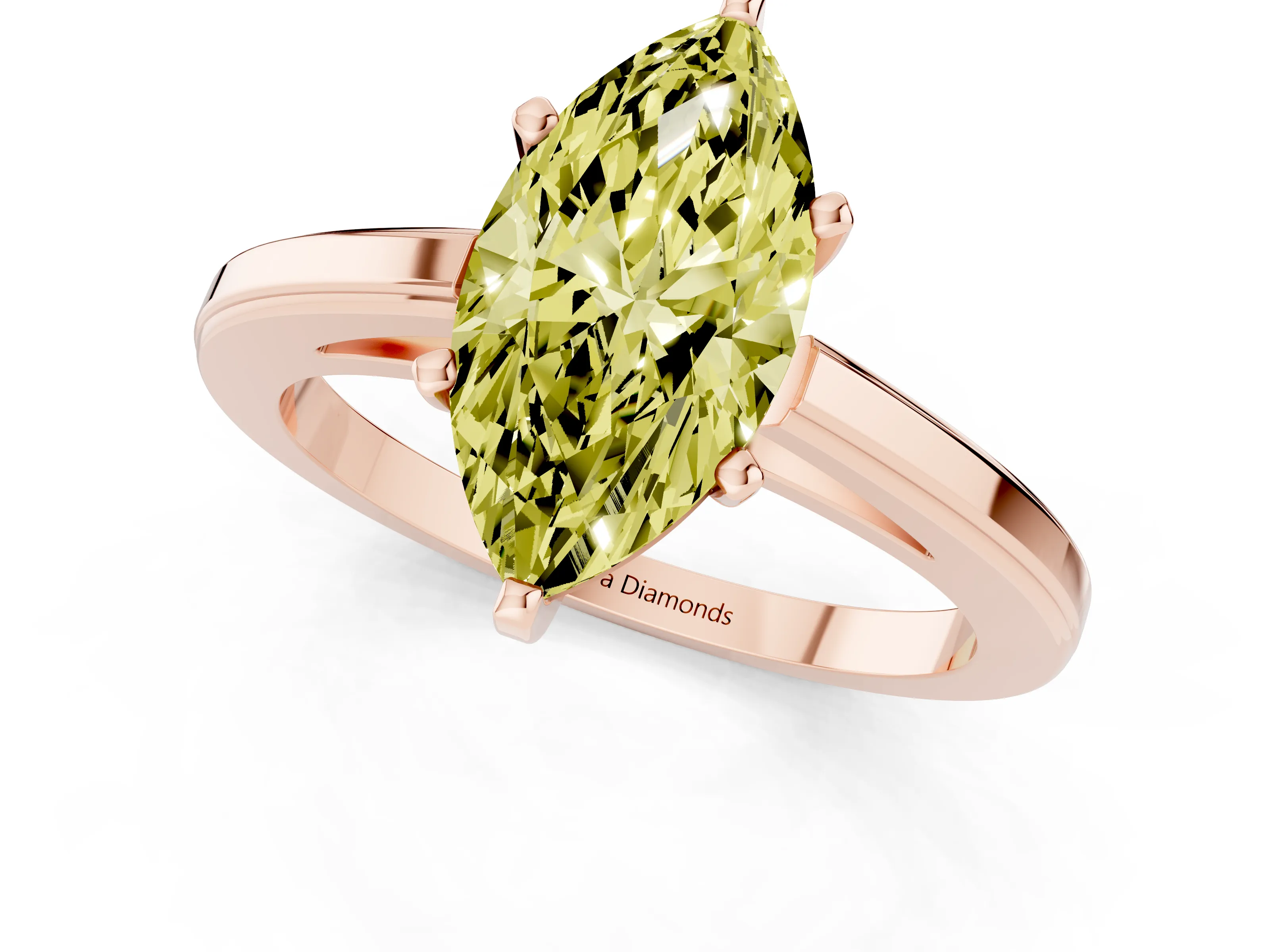 Fancy Yellow Marquise Cut Diamond Solitaire Ring Set in Rose gold with Prong Setting and Classic Band