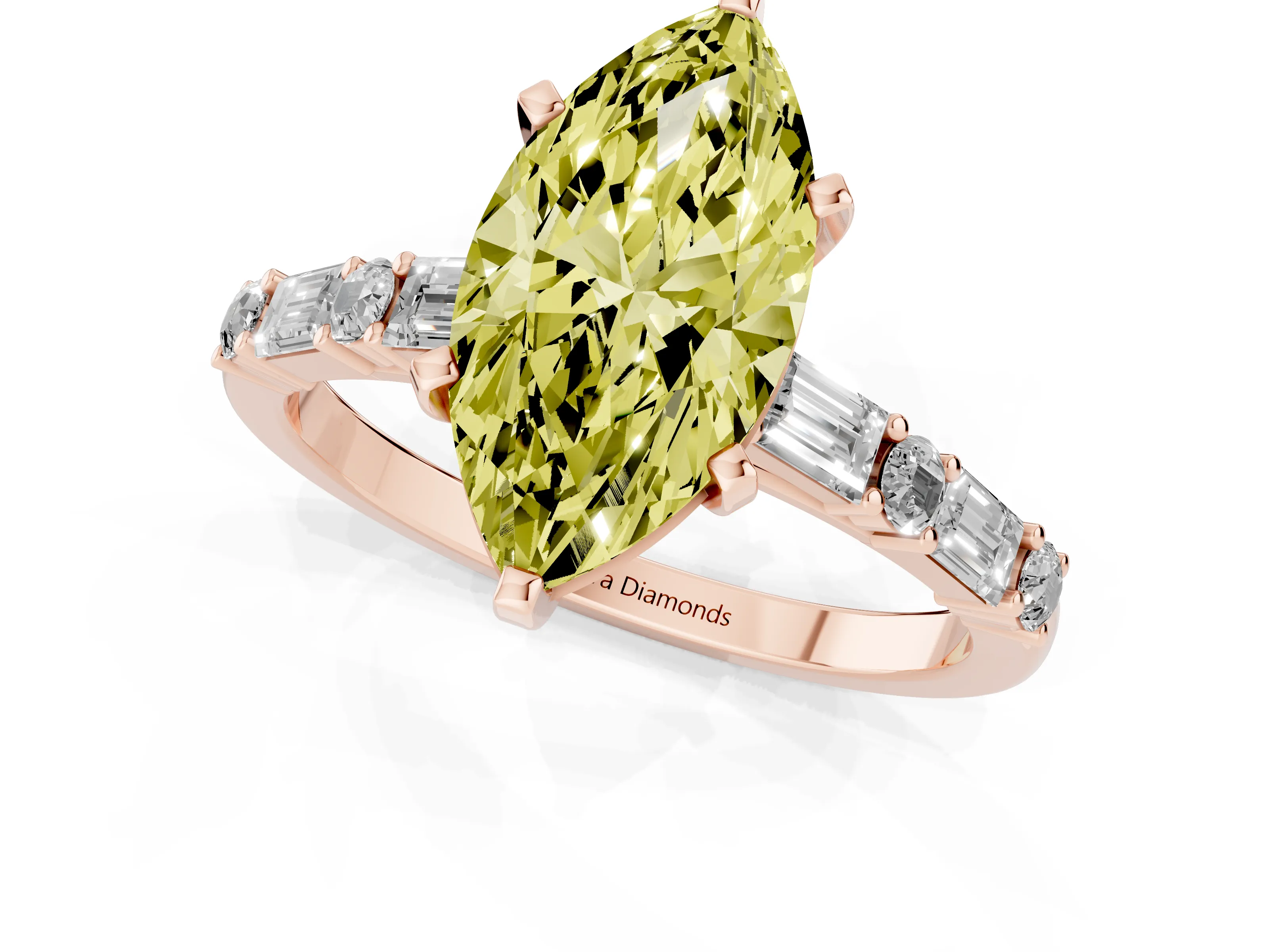 Fancy Yellow Marquise Cut Diamond Solitaire Set in Rose gold with Side Baguettes and Channel Set Band