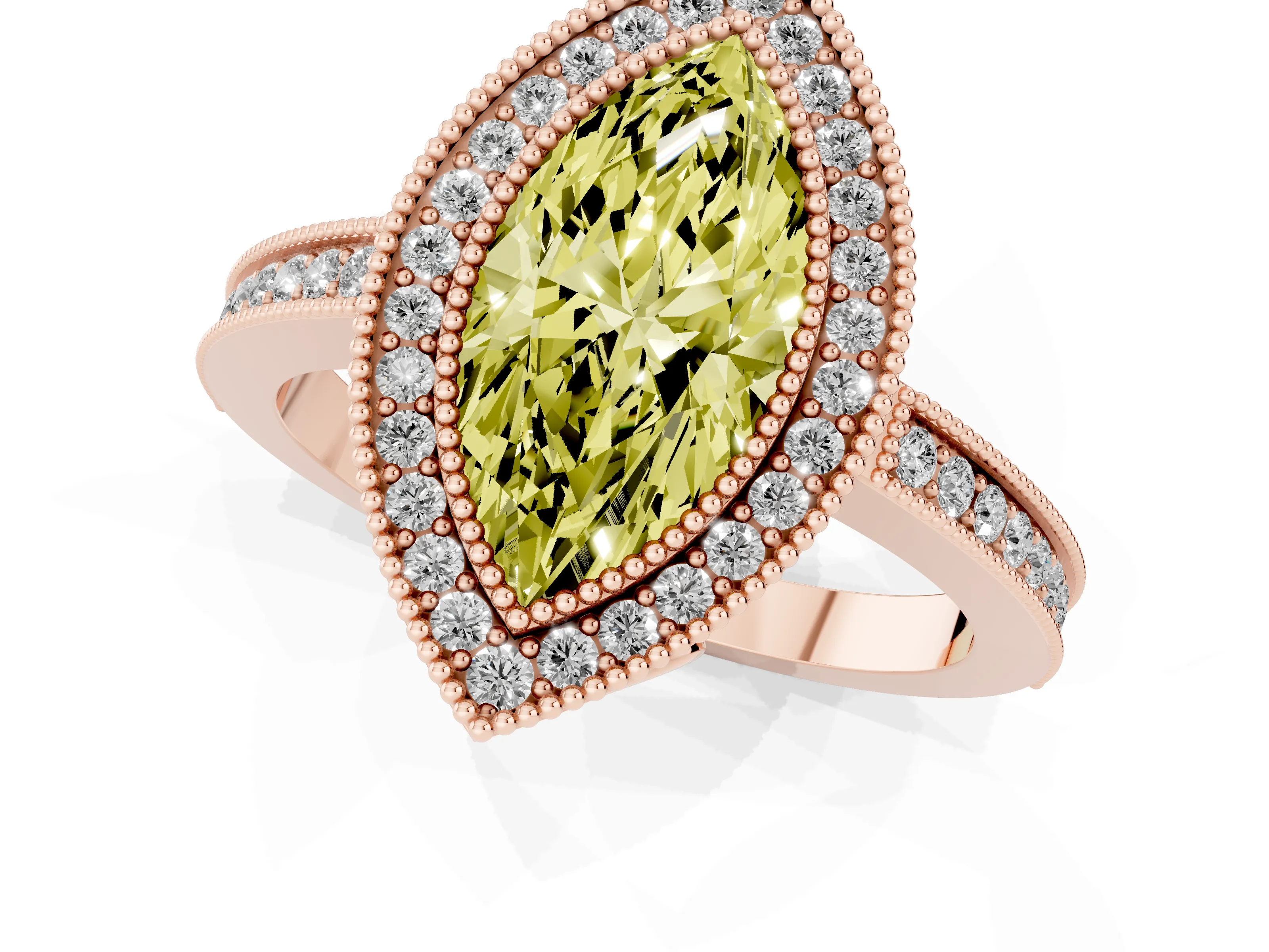 Fancy Yellow Marquise Cut Diamond Halo Ring Set in Rose gold with Pavé Band and Milgrain-Edged Prongs