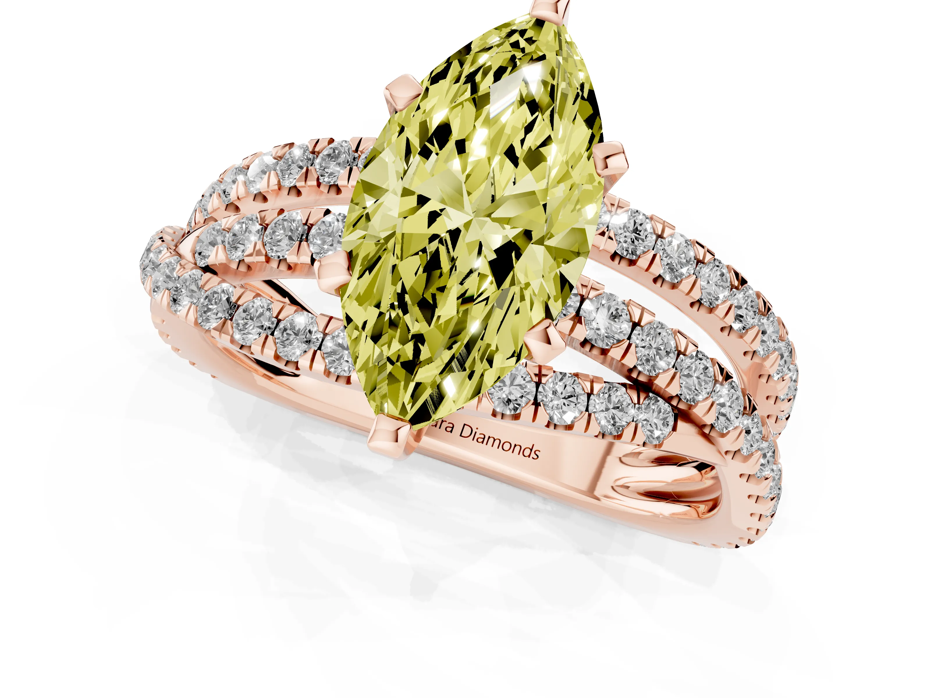 Fancy Yellow Marquise Cut Diamond Solitaire Twist Band Ring Set in Rose gold with Pavé Setting and Prong Head