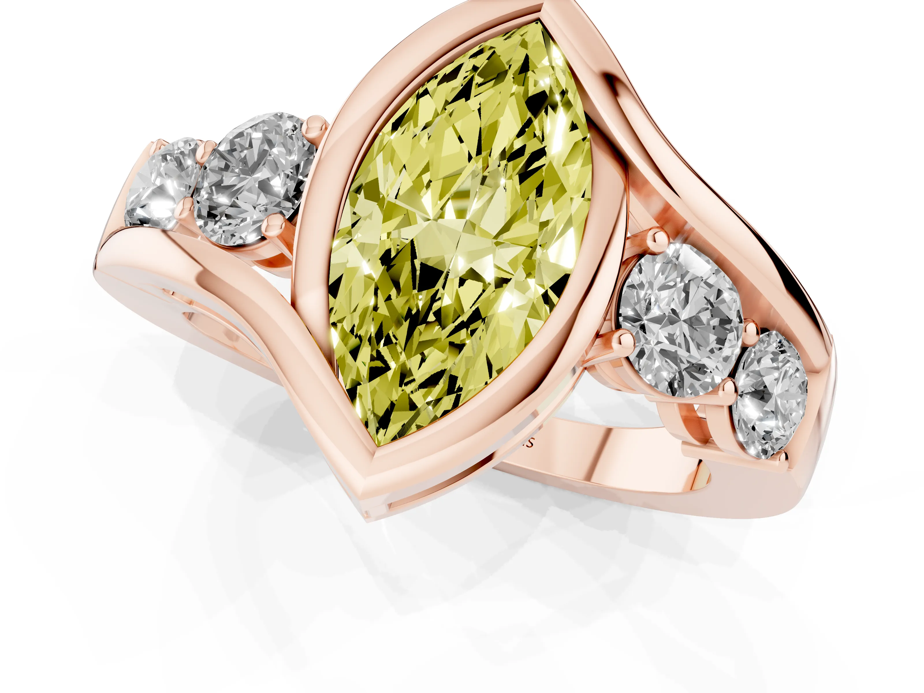 Fancy Yellow Marquise Cut Diamond Bezel Bypass Ring Set in Rose gold with Round Accents