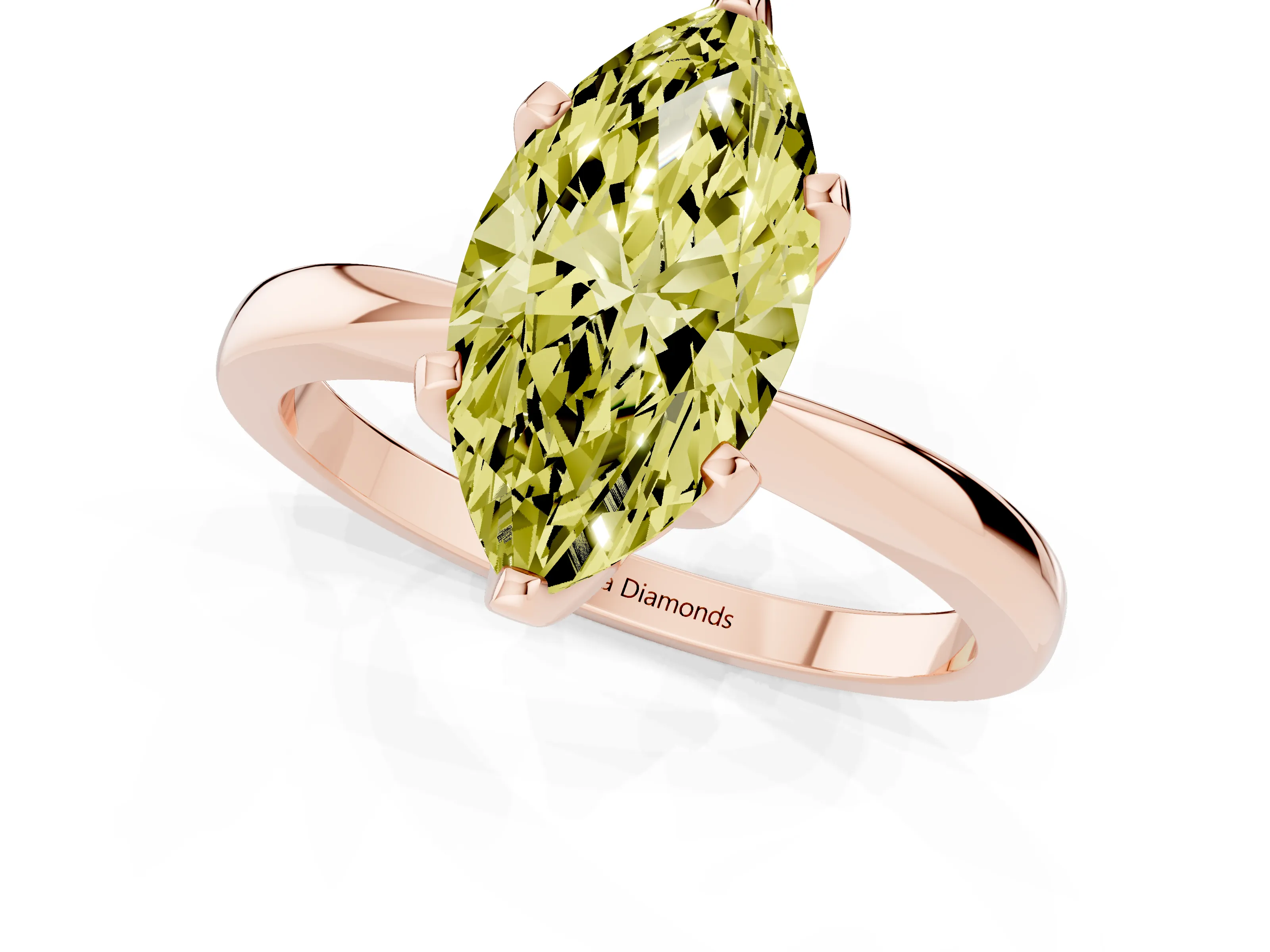 Fancy Yellow Marquise Cut Diamond Solitaire Engagement Ring Set in Rose gold with Slim Tapered Solitaire Band