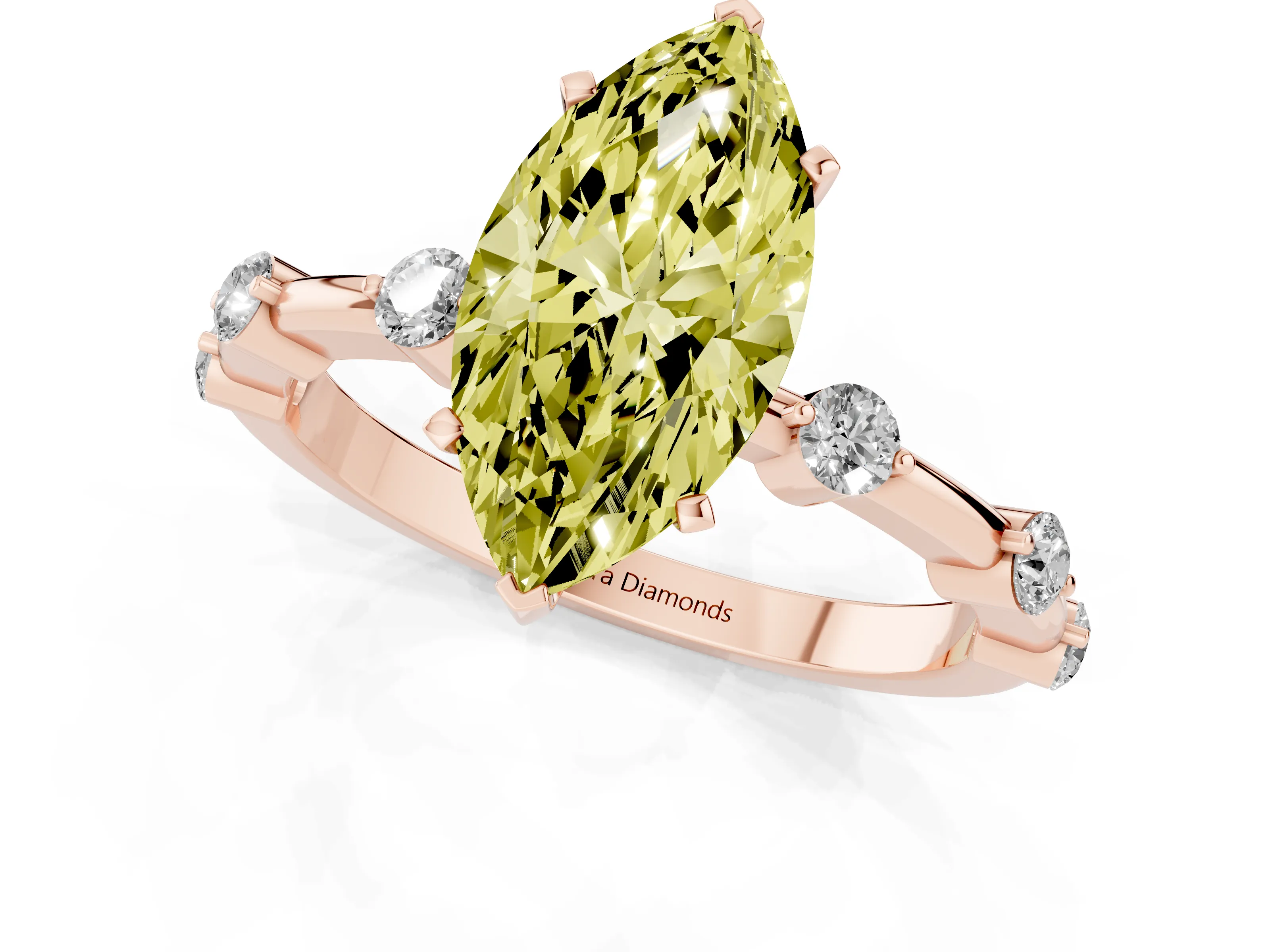 Fancy Yellow Marquise Cut Diamond Solitaire Ring Set in Rose gold with Bezel Set Side Stones and Prong Setting