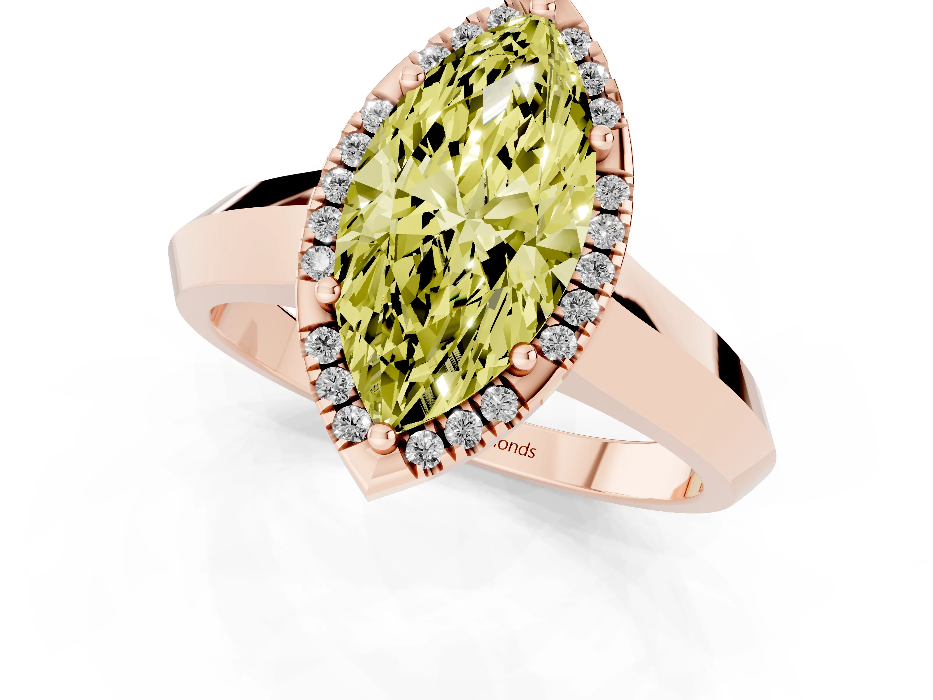 Fancy Yellow Marquise Cut Diamond Halo Ring Set in Rose gold with Cathedral Band and Prong Setting
