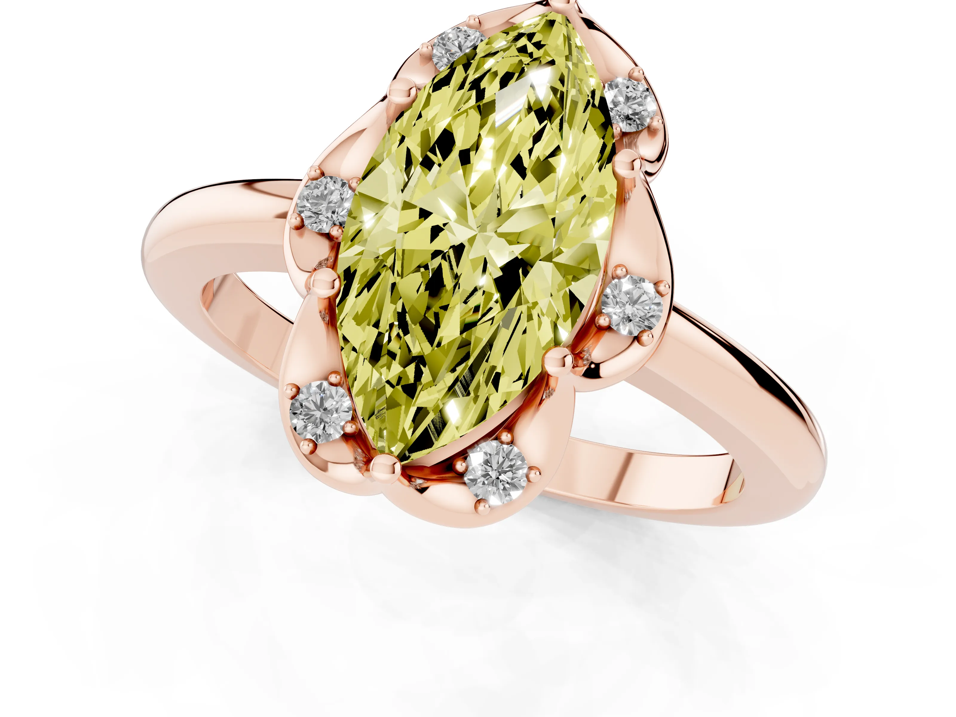Fancy Yellow Marquise Cut Diamond Round Cluster Halo Ring Set in Rose gold with Solitaire Band and Prong Setting