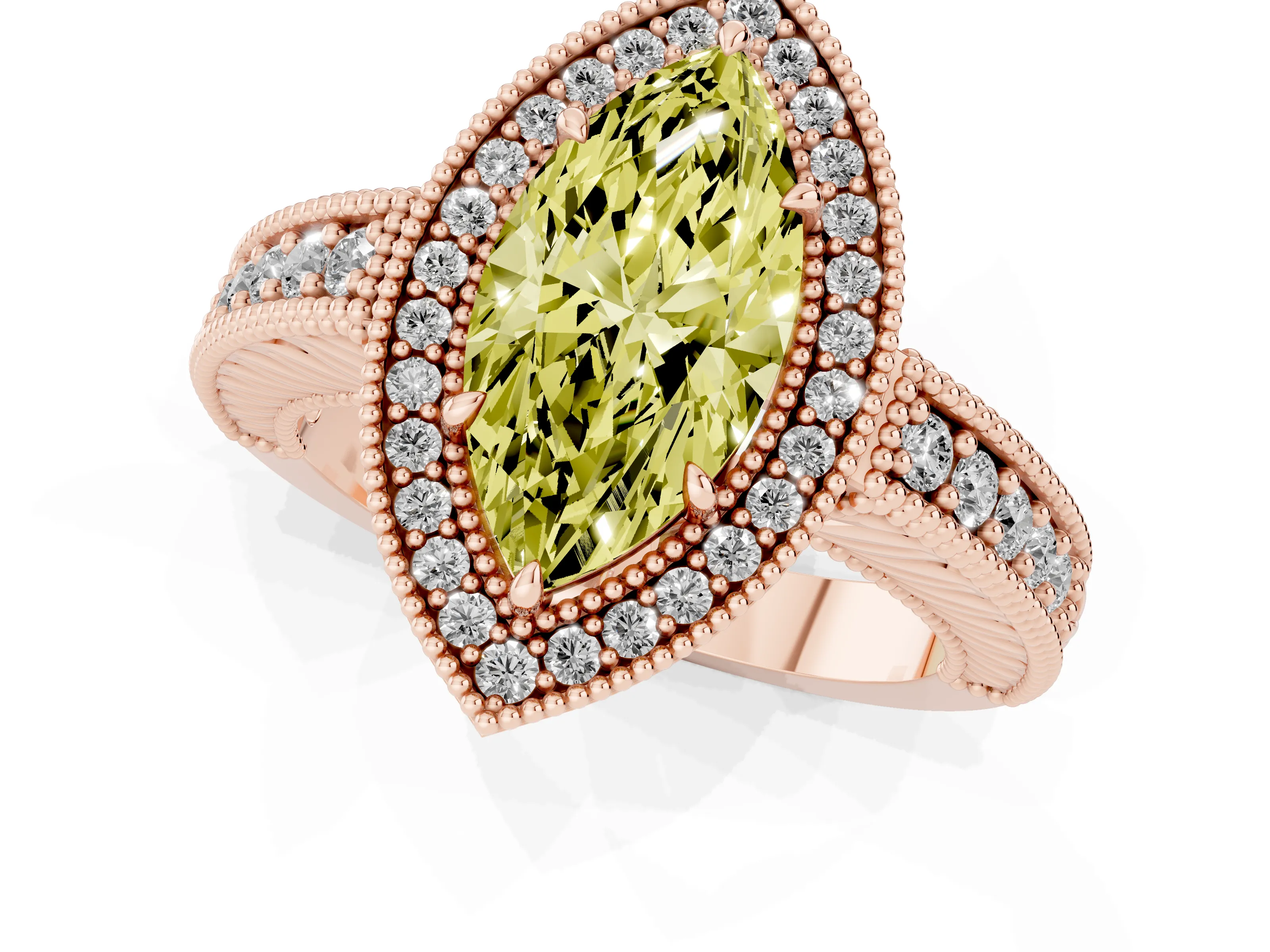 Fancy Yellow Marquise Cut Diamond Halo Ring Set in Rose gold with Round Accent Halo, Pavé Band and Prong Setting