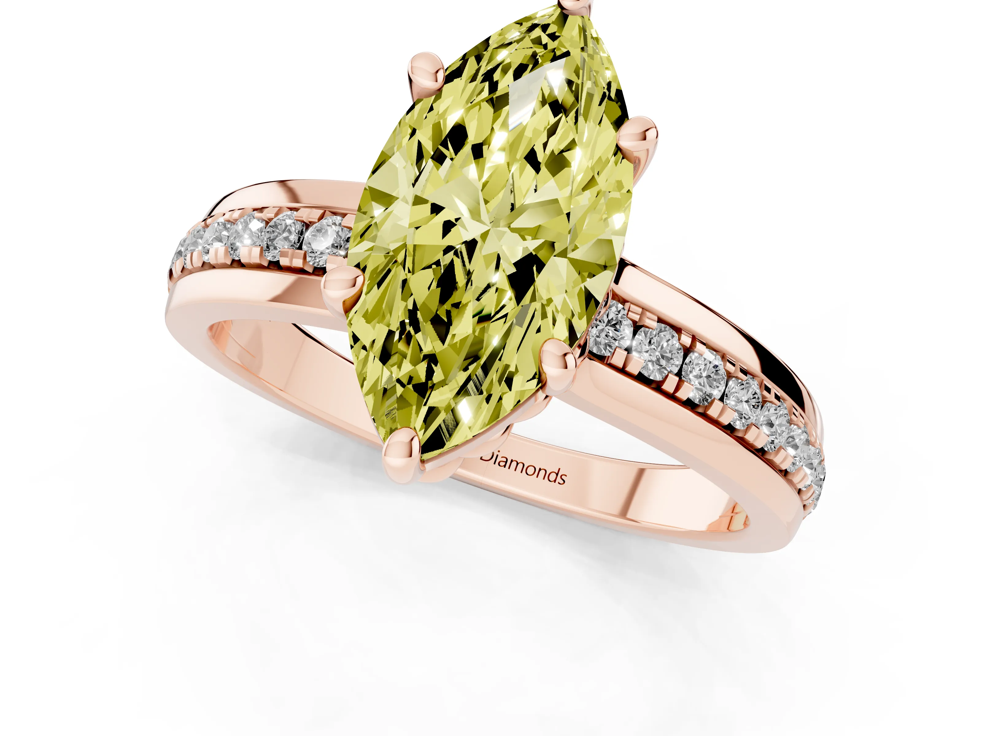 Fancy Yellow Marquise Cut Diamond Solitaire Ring Set in Rose gold with Channel Set Band and Prong Setting