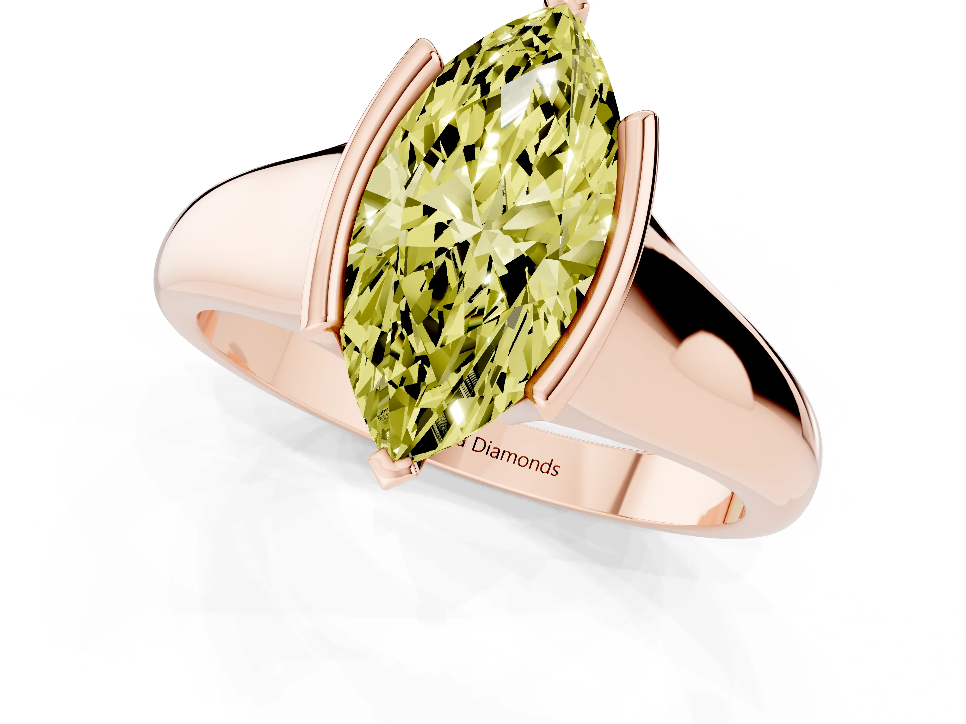 Fancy Yellow Marquise Cut Diamond Solitaire Tension Set Ring Set in Rose gold with Split Shank Band