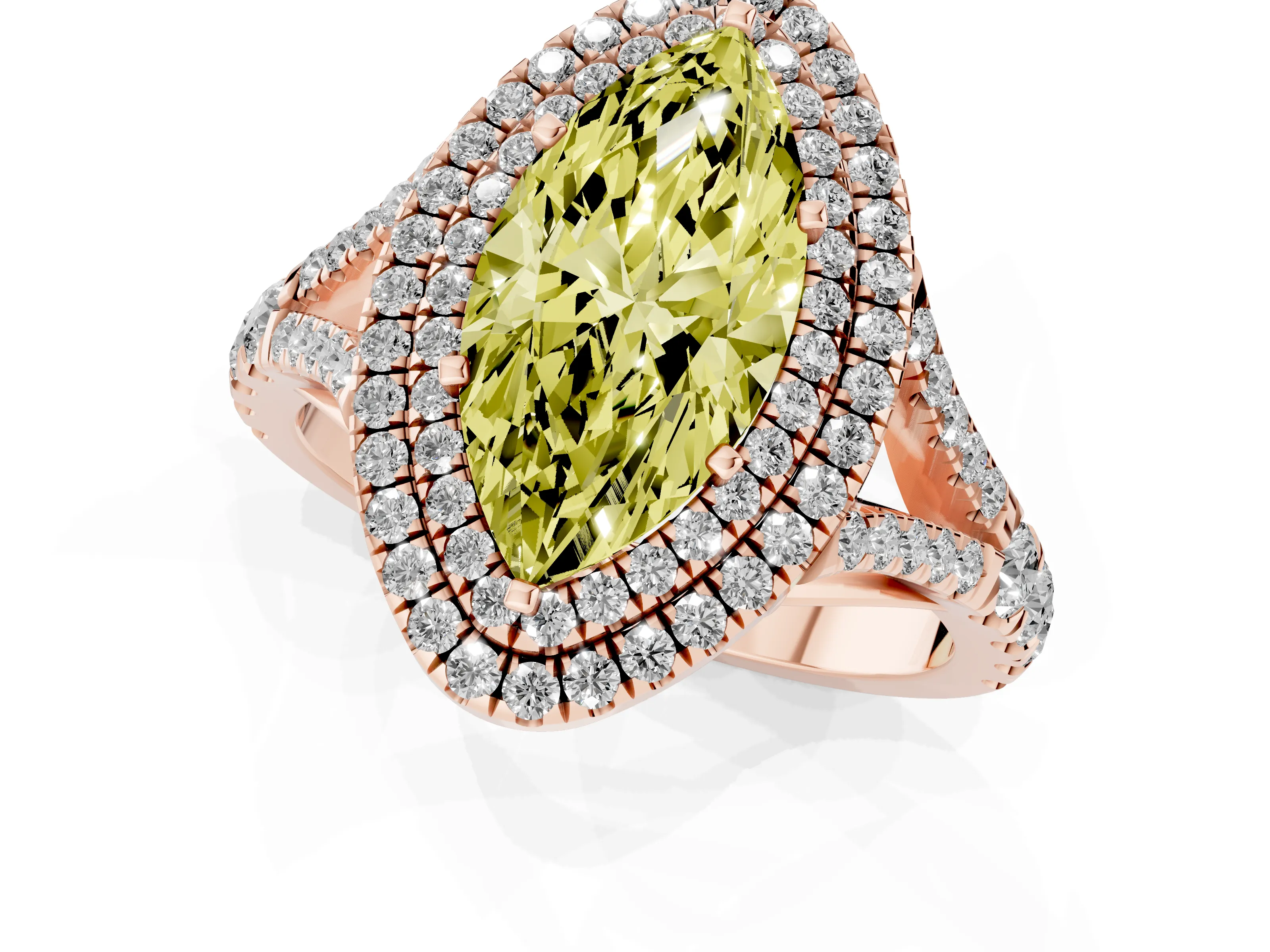 Fancy Yellow Marquise Cut Diamond Pavé Split Shank Double Halo Engagement Ring Set in Rose gold