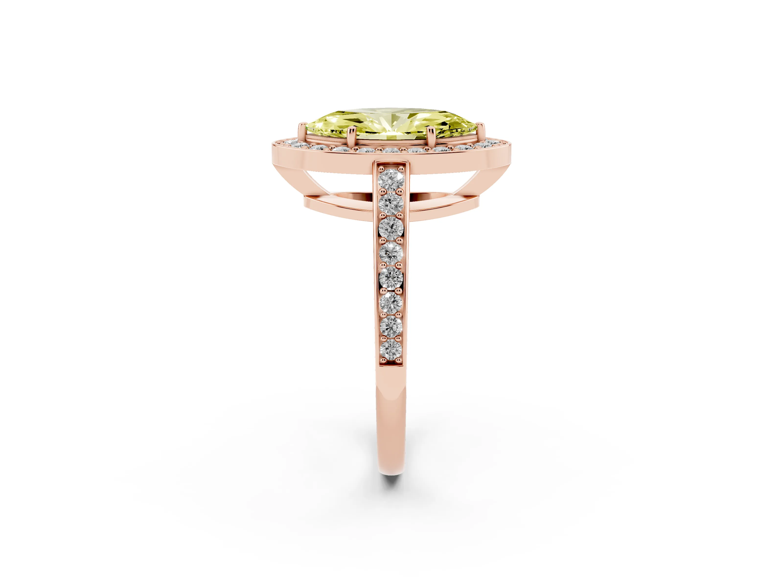 Fancy Yellow Marquise Cut Diamond Halo Pavé Engagement Ring Set in Rose gold with Bezel Setting