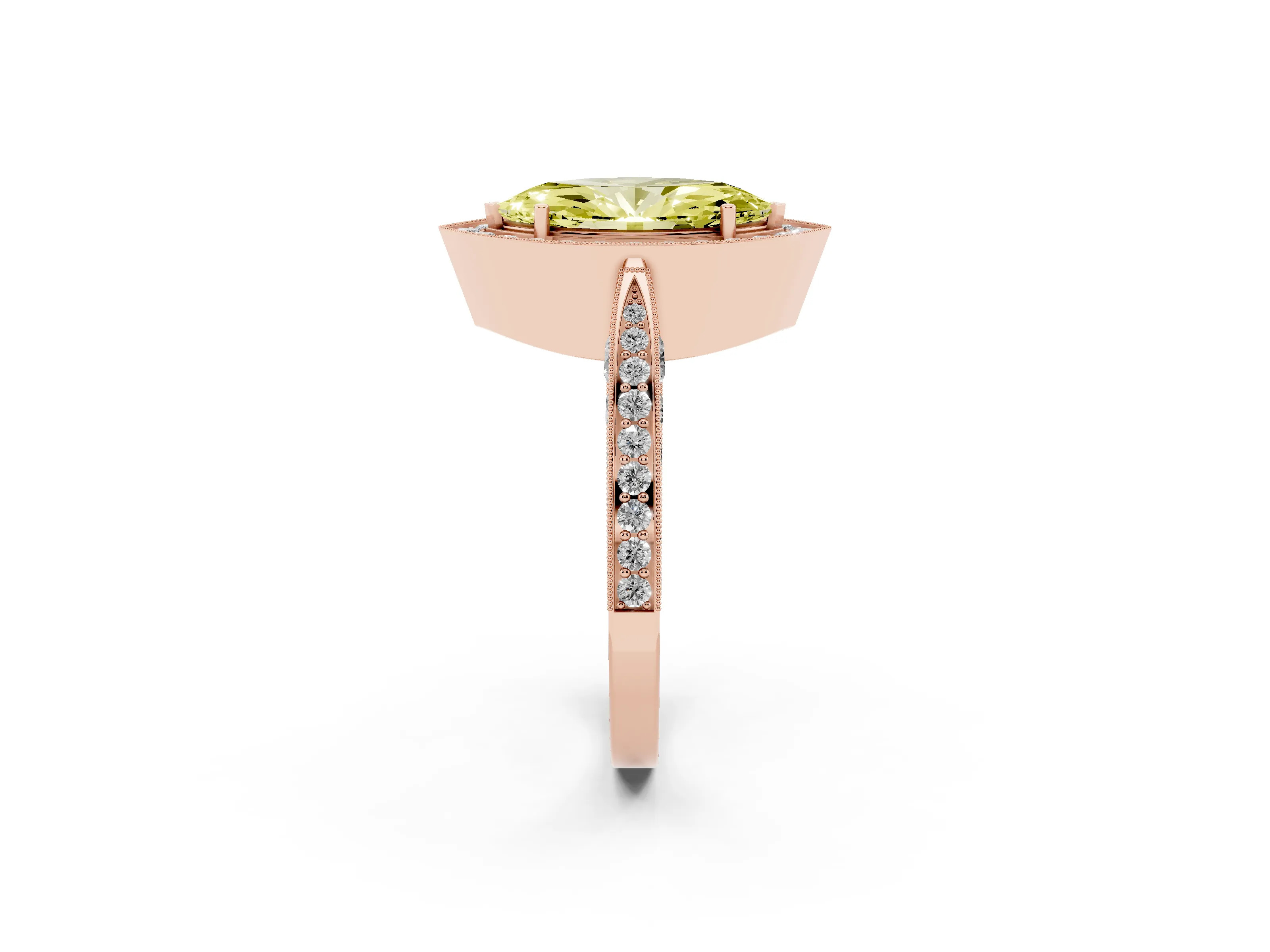 Fancy Yellow Marquise Cut Diamond Halo Engagement Ring Set in Rose gold with Accent Split Shank Band