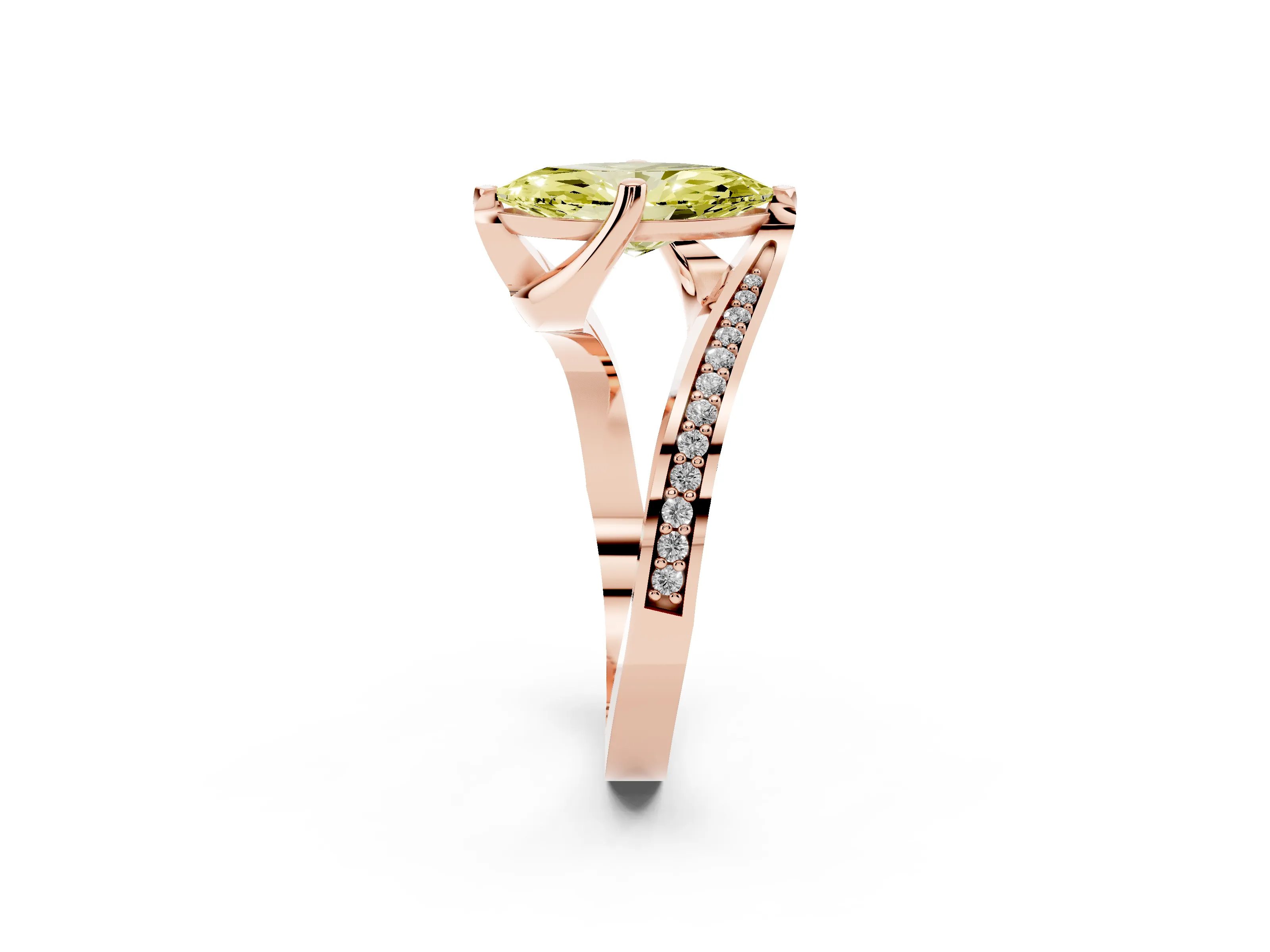 Fancy Yellow Marquise Cut Diamond Solitaire Ring Set in Rose gold with Intertwined Pavé Twist Band
