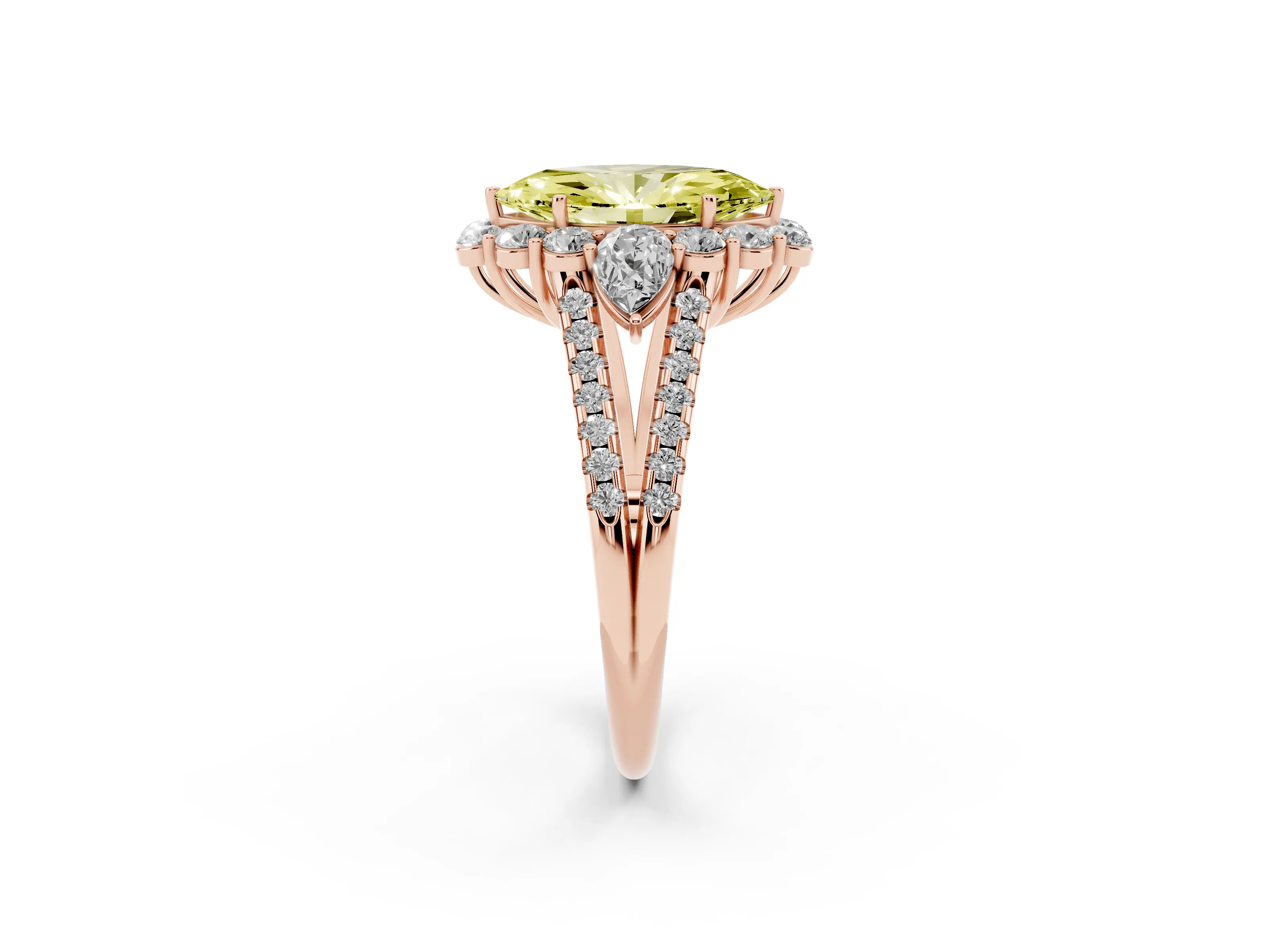 Fancy Yellow Marquise Cut Diamond Halo Split Shank Engagement Ring Set in Rose gold with Prong-Held Center Stone