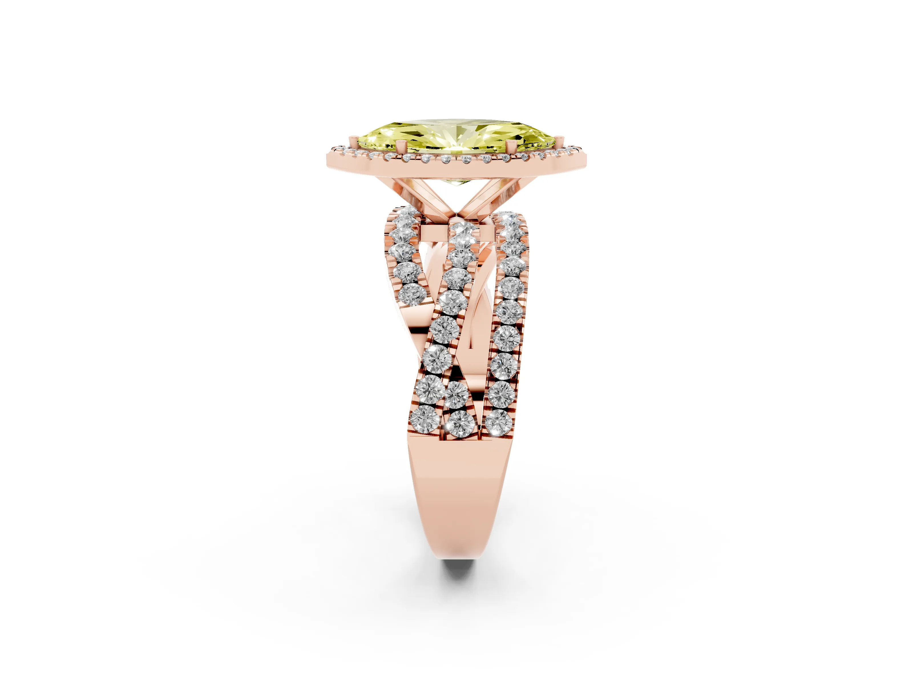 Fancy Yellow Marquise Cut Diamond Halo Ring Set in Rose gold with Round Crossover Split Shank and Prong Setting