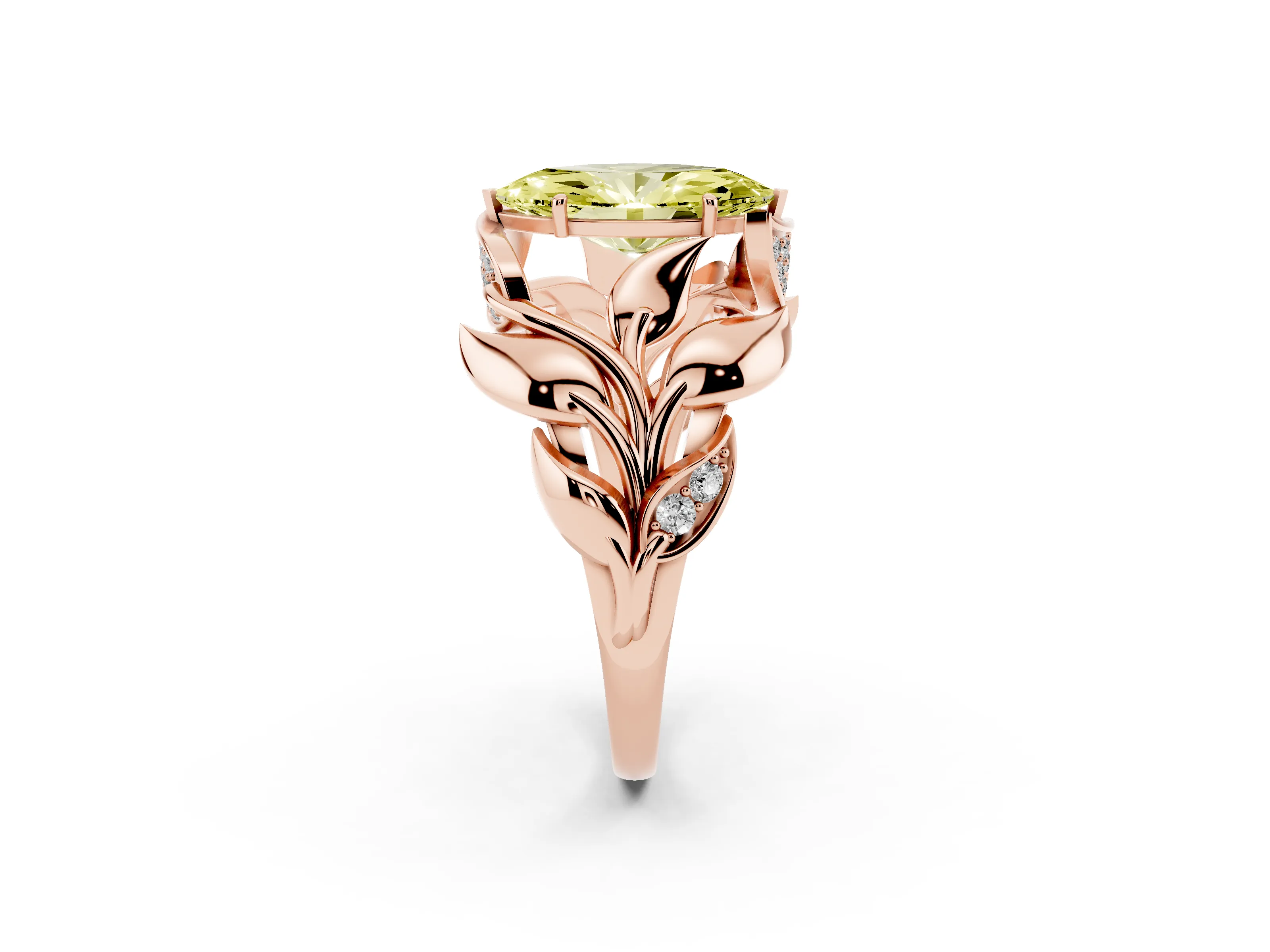 Fancy Yellow Marquise Cut Diamond Leaf-Inspired Engagement Ring Set in Rose gold with Round Accents