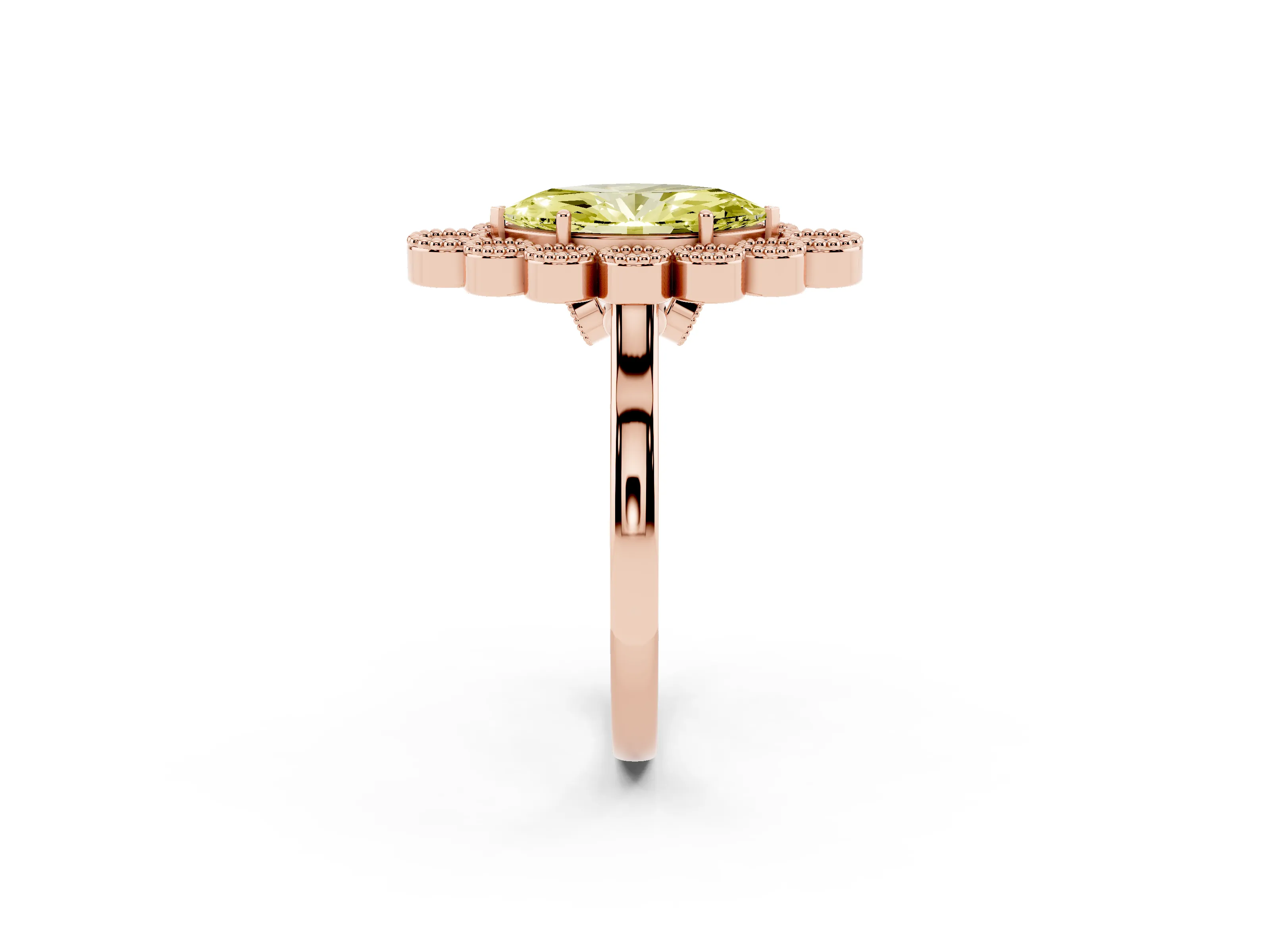 Fancy Yellow Marquise Cut Diamond Cluster Halo Ring Set in Rose gold with Milgrain Bezel Accents and Plain Band
