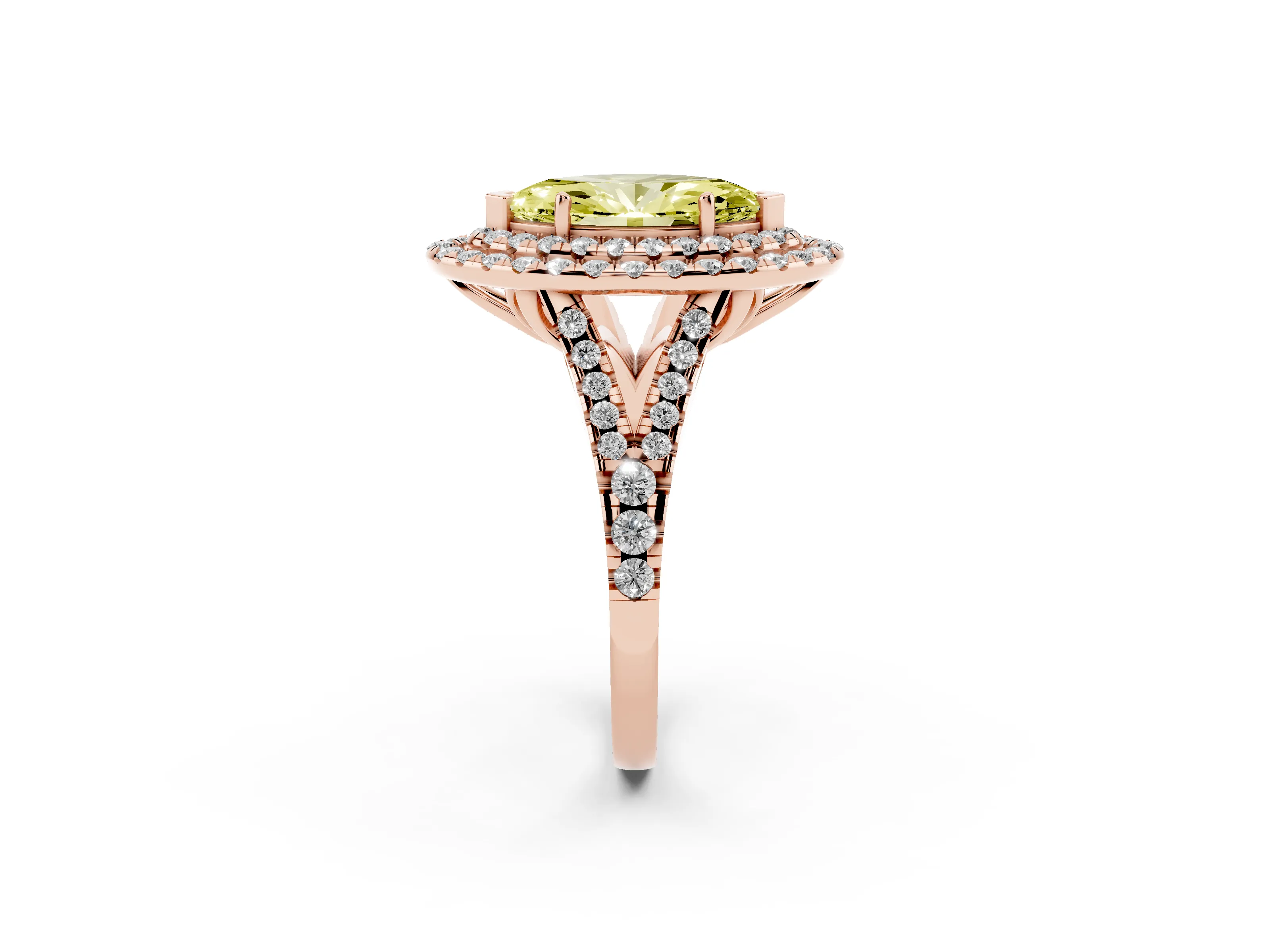 Fancy Yellow Marquise Cut Diamond Double Halo Ring Set in Rose gold with Pavé Split Shank and Prong Setting