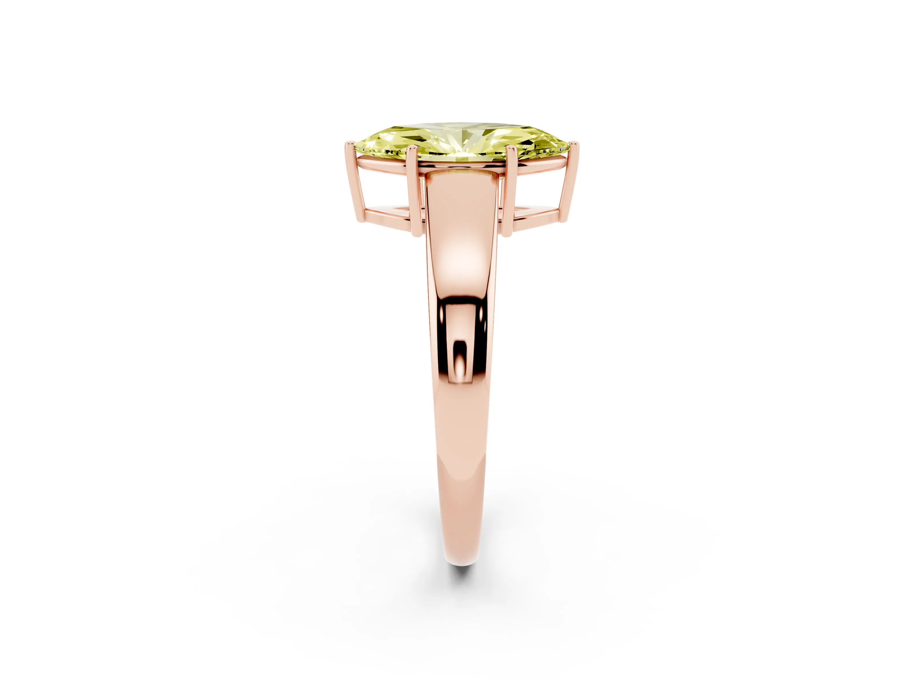 Fancy Yellow Marquise Cut Diamond Solitaire Ring Set in Rose gold with Tapered Band and Prong Setting