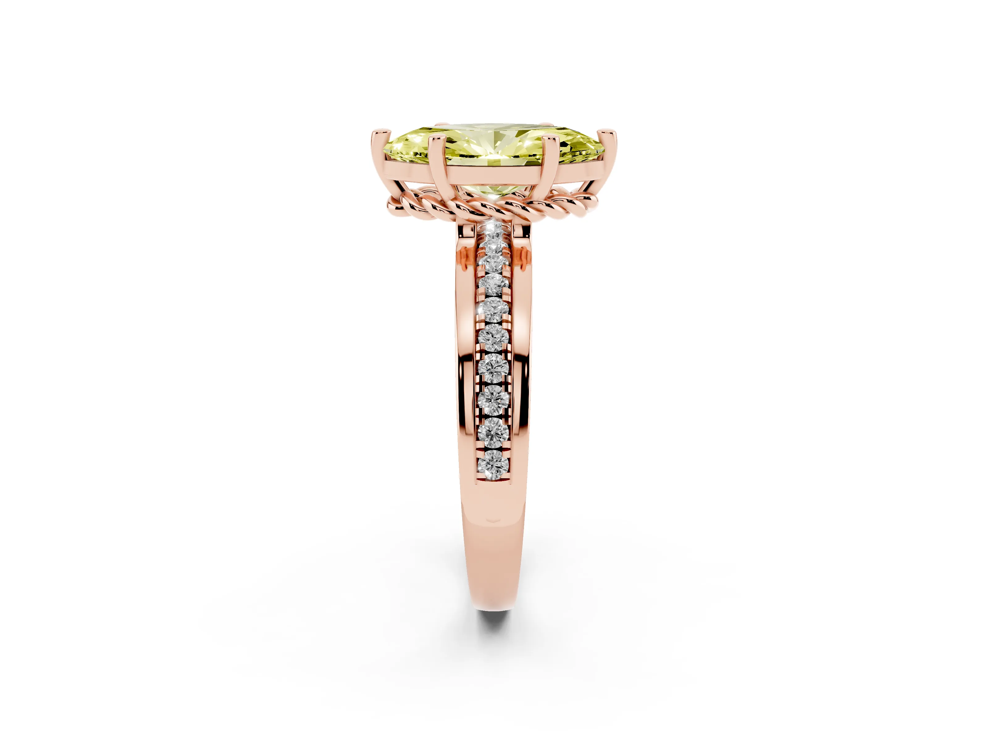 Fancy Yellow Marquise Cut Diamond Solitaire Ring Set in Rose gold with Channel Set Band and Prong Setting