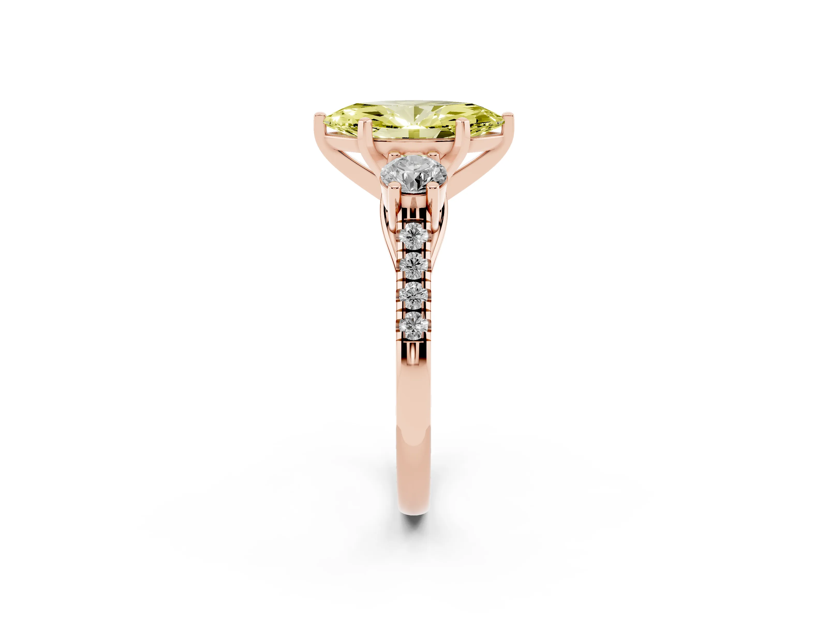 Fancy Yellow Three-Stone Marquise Cut Diamond Pavé Band Ring Set in Rose gold with Prong-Set Trio