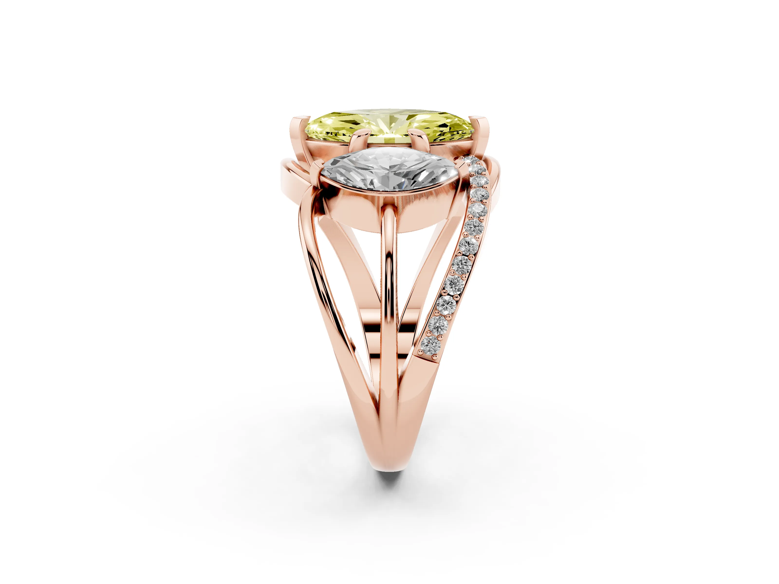 Fancy Yellow Marquise Cut Diamond Three-Stone Ring Set in Rose gold with Split Shank and Prong Setting