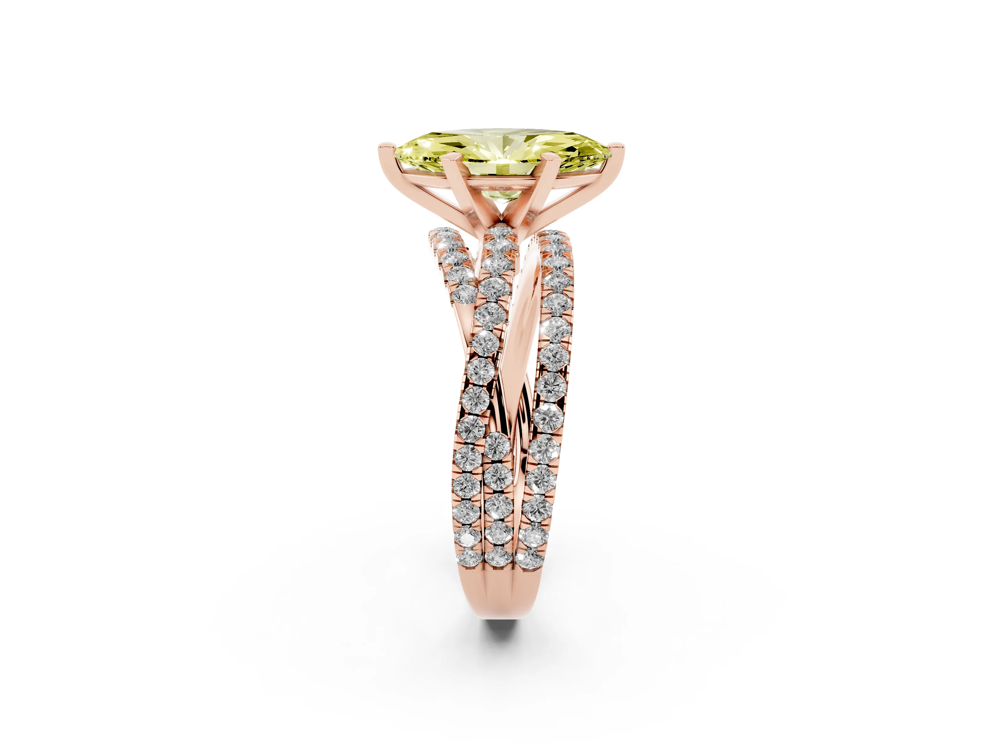 Fancy Yellow Marquise Cut Diamond Solitaire Twist Band Ring Set in Rose gold with Pavé Setting and Prong Head
