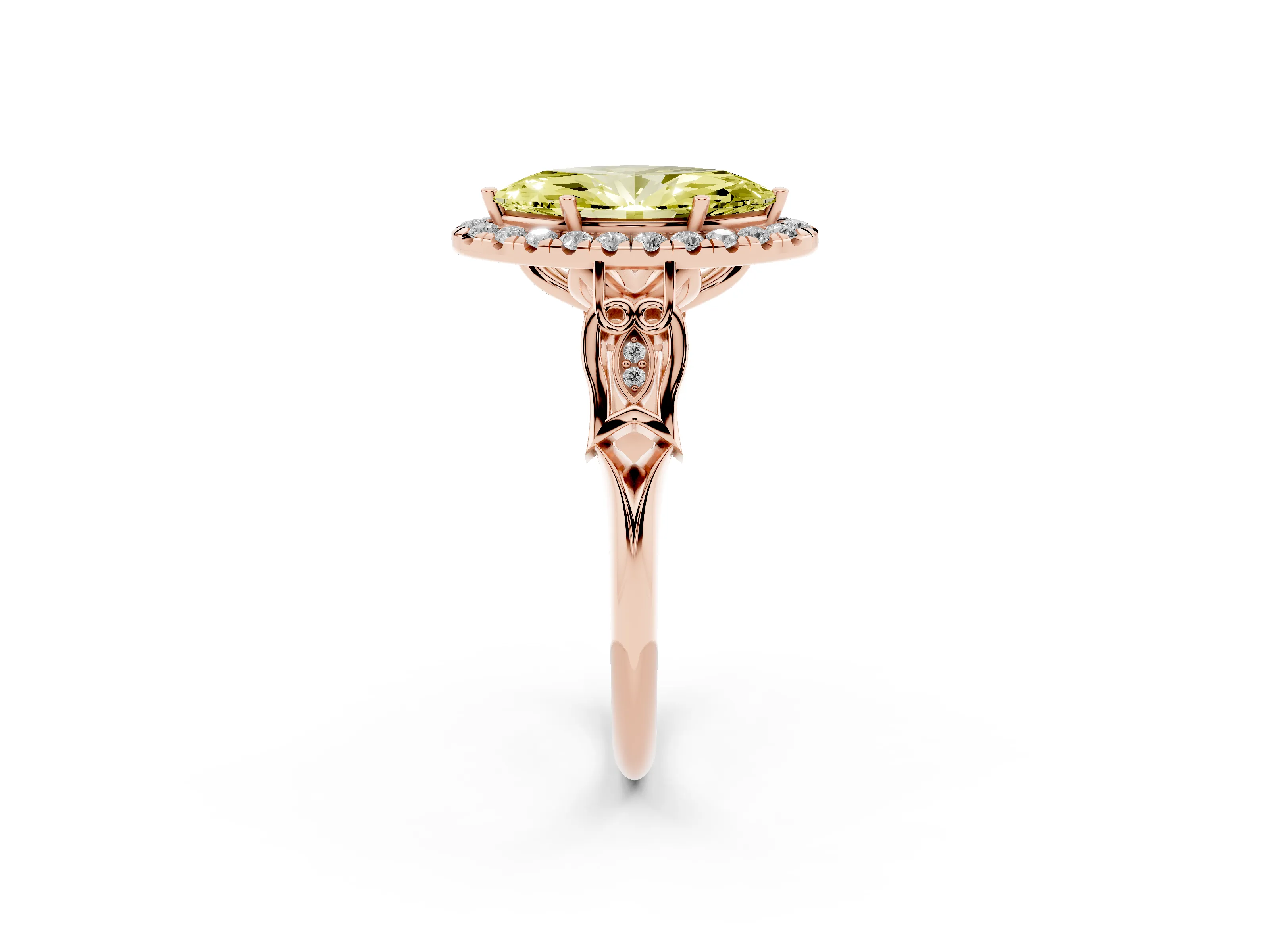 Fancy Yellow Marquise Cut Diamond Halo Engagement Ring Set in Rose gold with Filigree Band and Prong-Set Center