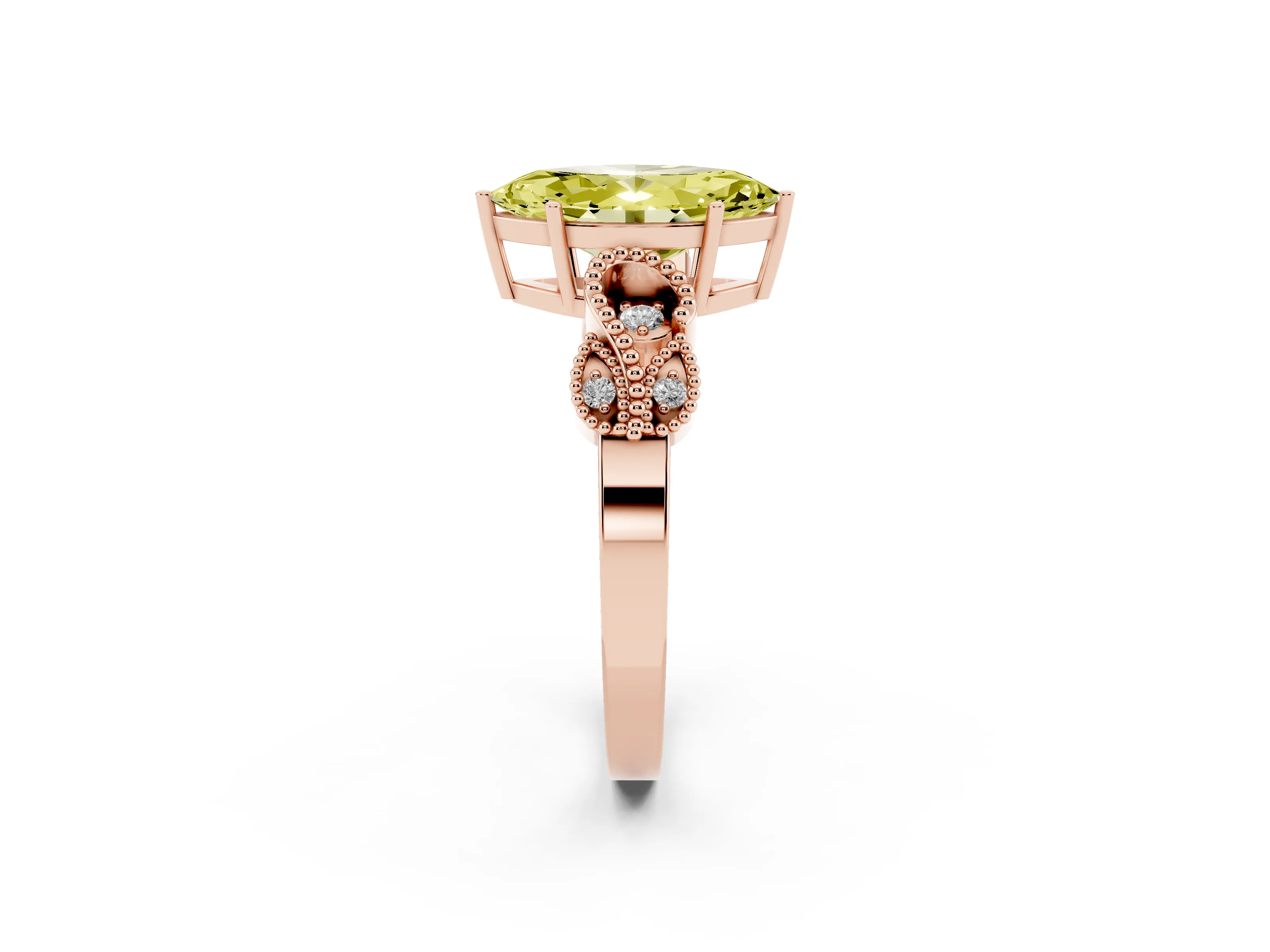 Fancy Yellow Marquise Cut Diamond Milgrain Leaf Band Solitaire Ring Set in Rose gold with Accent Stones and Prong Setting