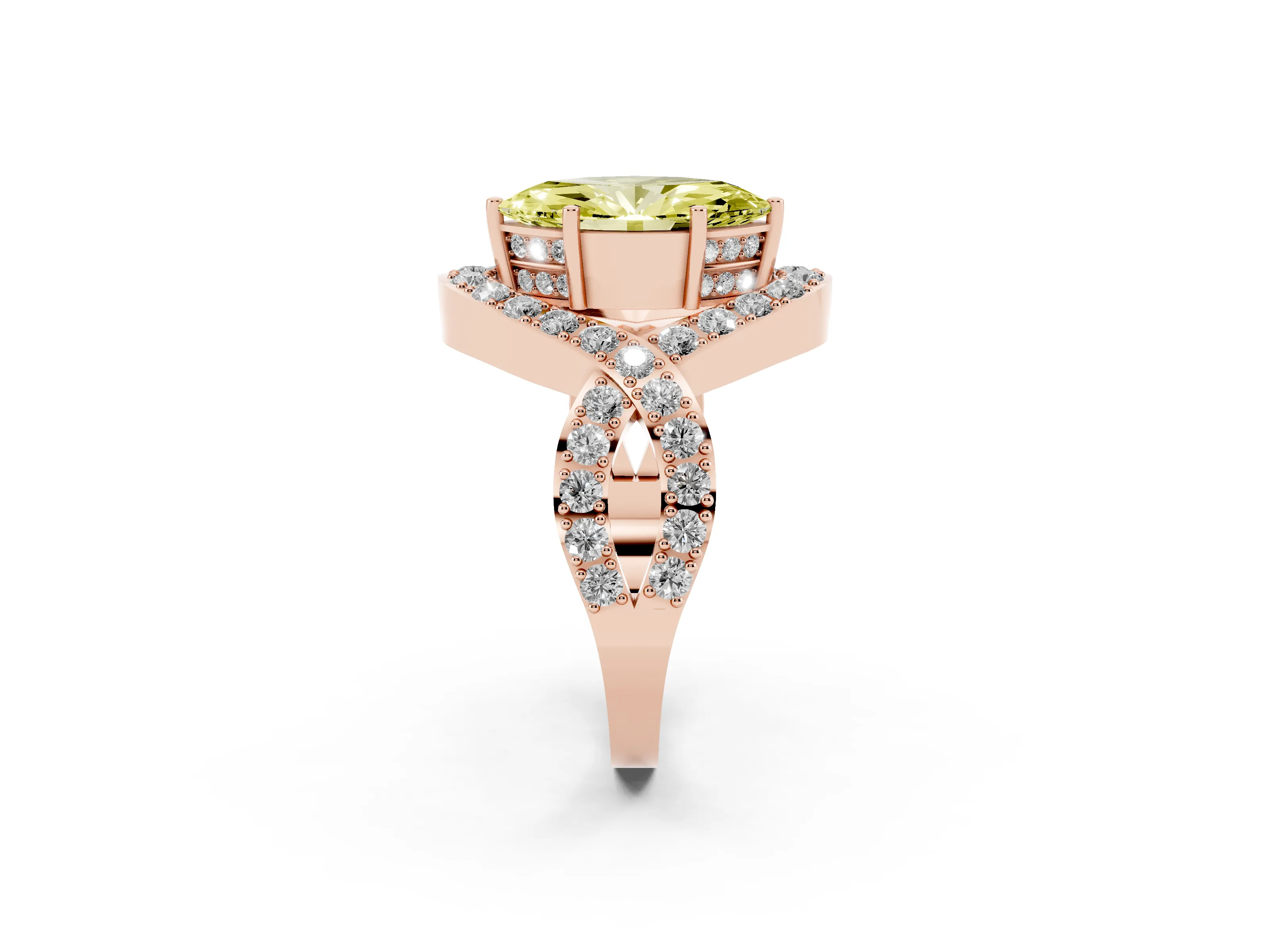 Fancy Yellow Marquise Cut Diamond Solitaire Twist Band Pavé Engagement Ring Set in Rose gold