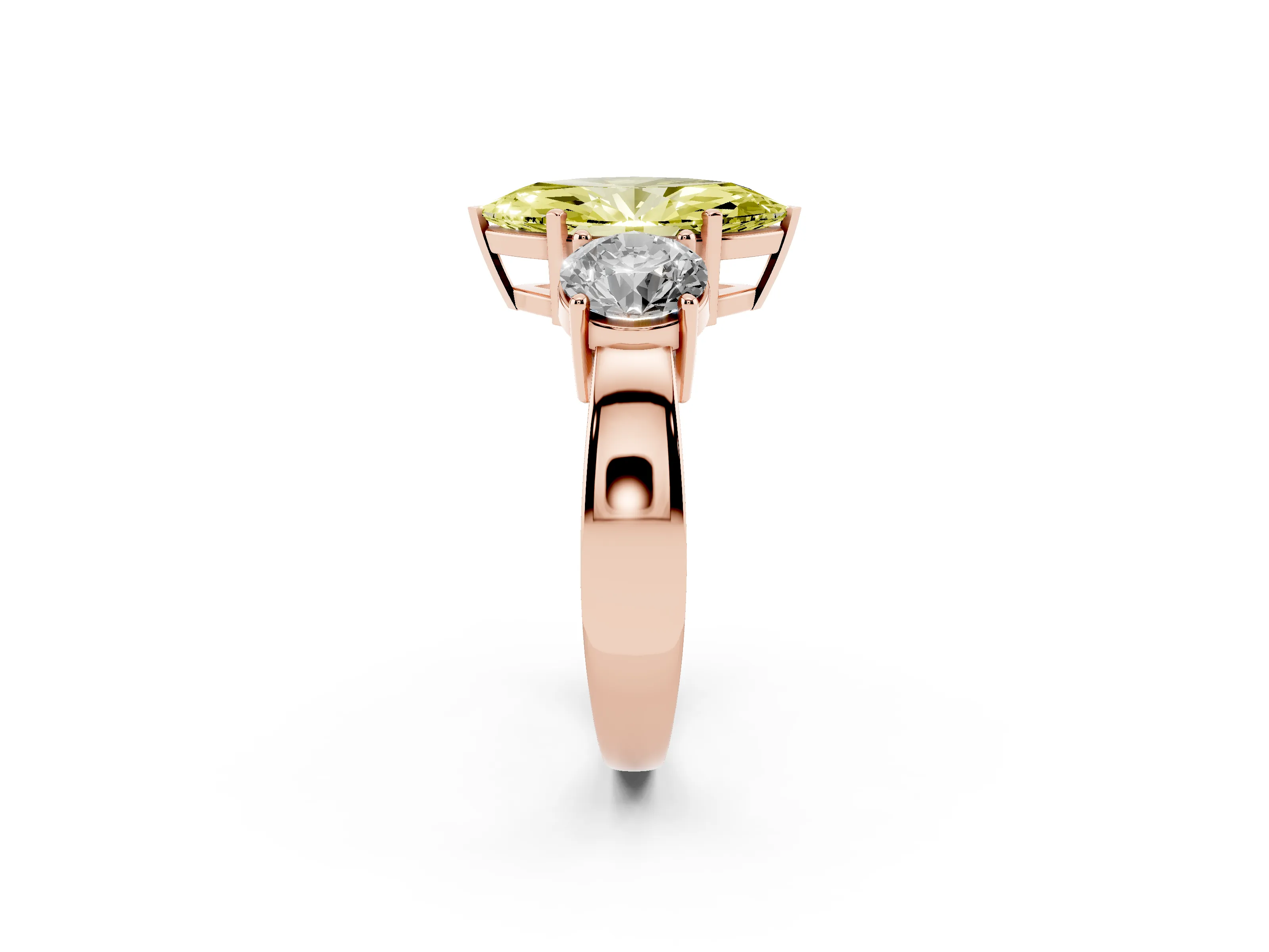 Fancy Yellow Marquise Cut Diamond Three-Stone Ring Set in Rose gold with Round Side Stones and Classic Band